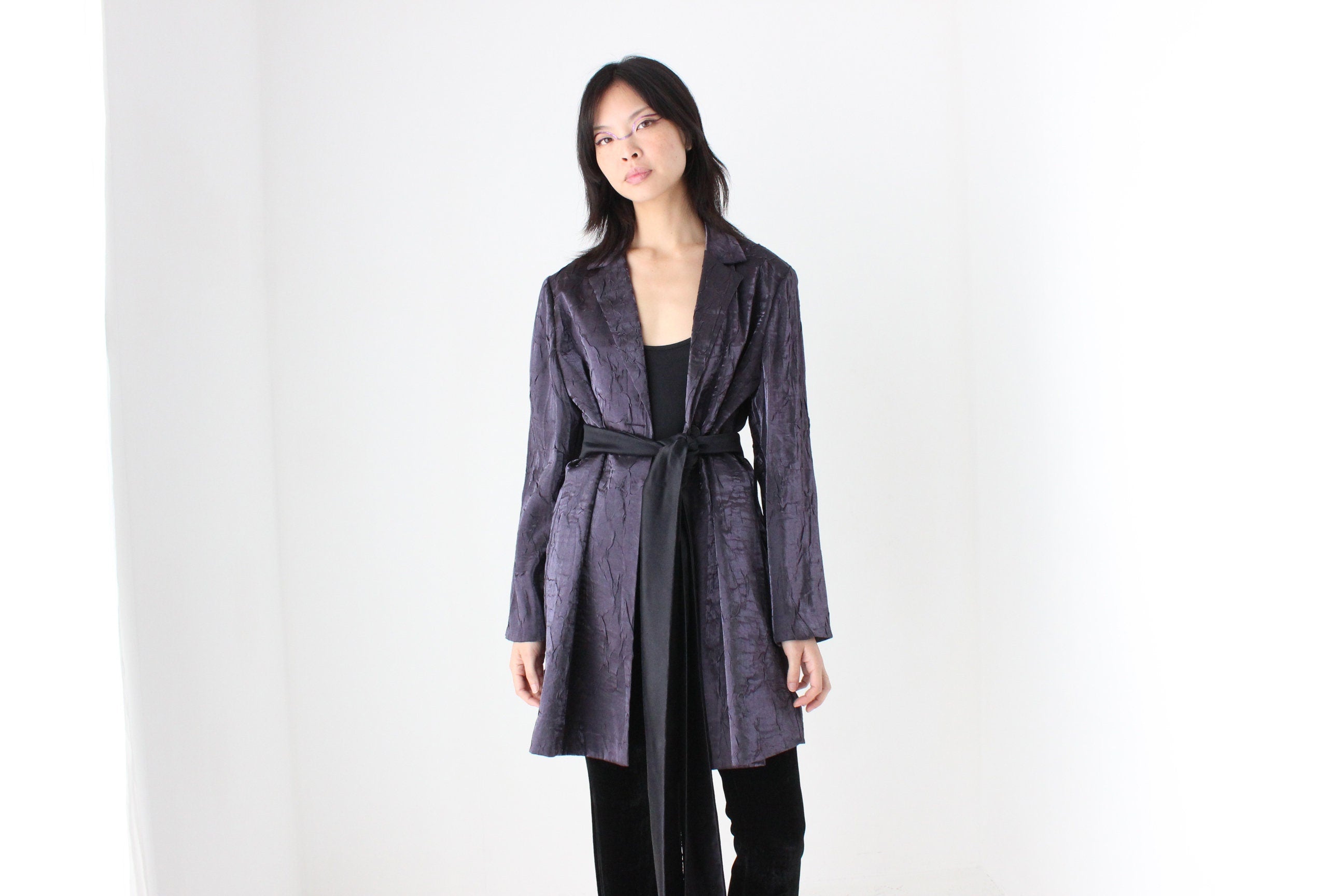 90s Deep Purple Metallic Crinkle Single Button Trench Coat