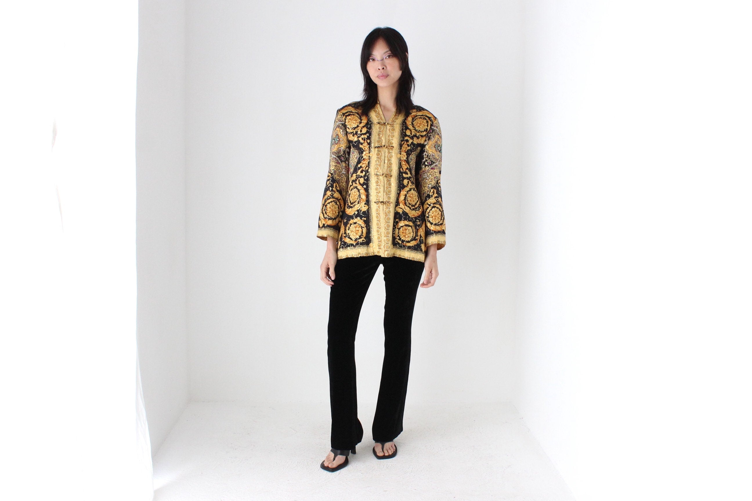 80s Pure Silk Baroque Print Mandarin Collar Quilted Jacket