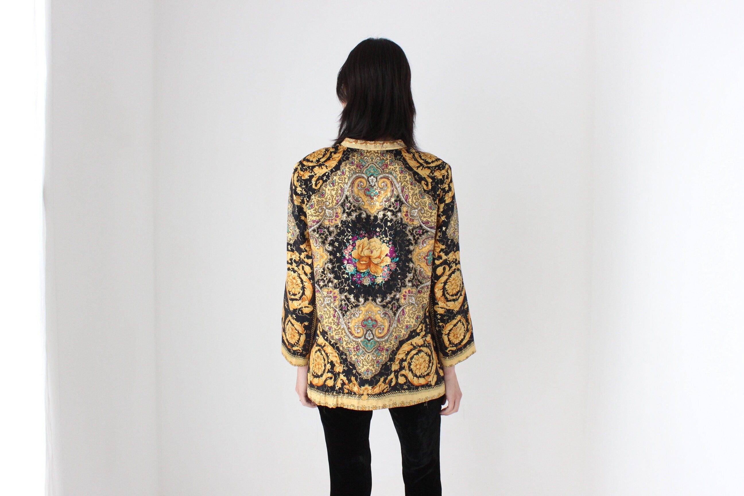 80s Pure Silk Baroque Print Mandarin Collar Quilted Jacket