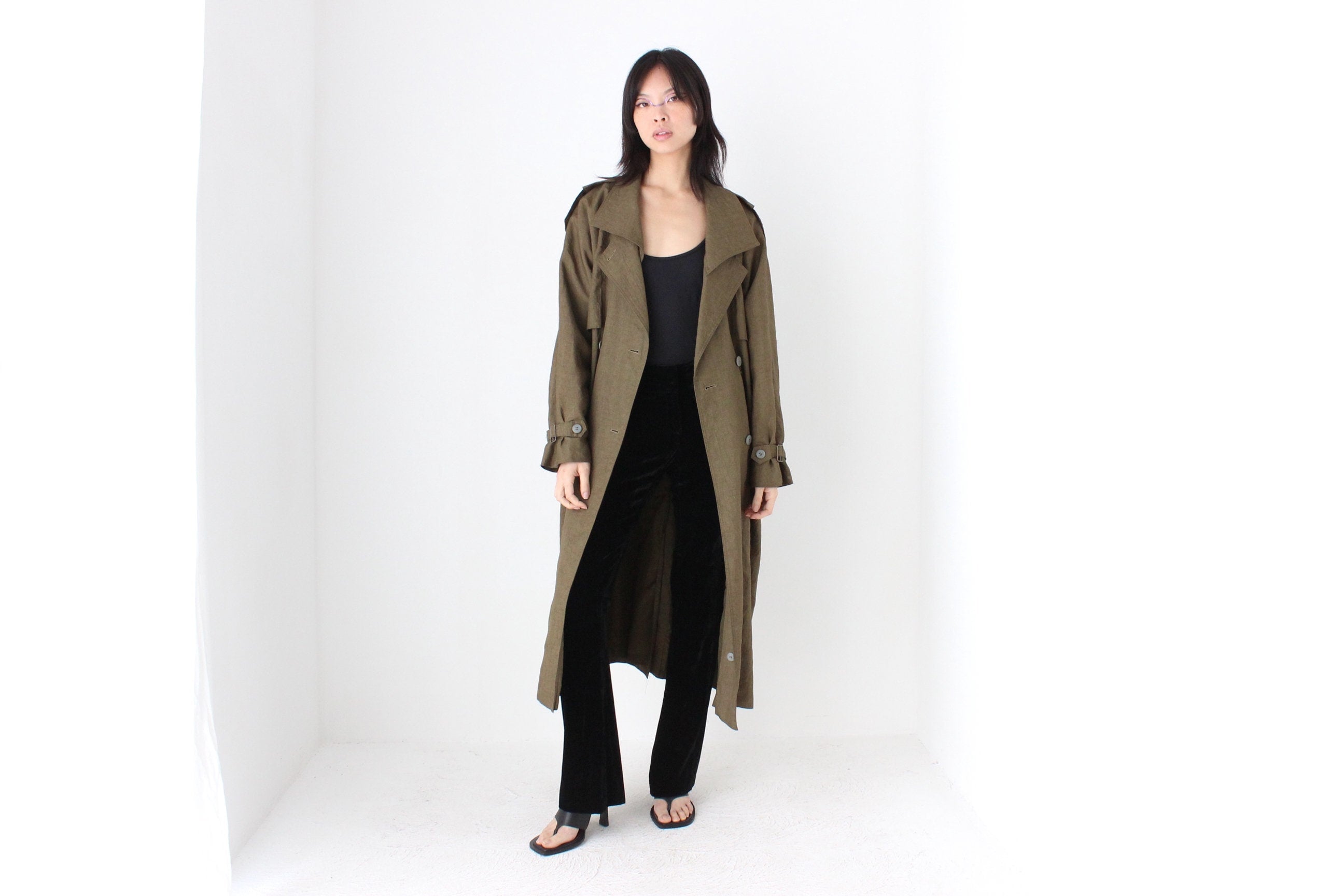 80s Neutral Longline Classic Belted Trench Coat