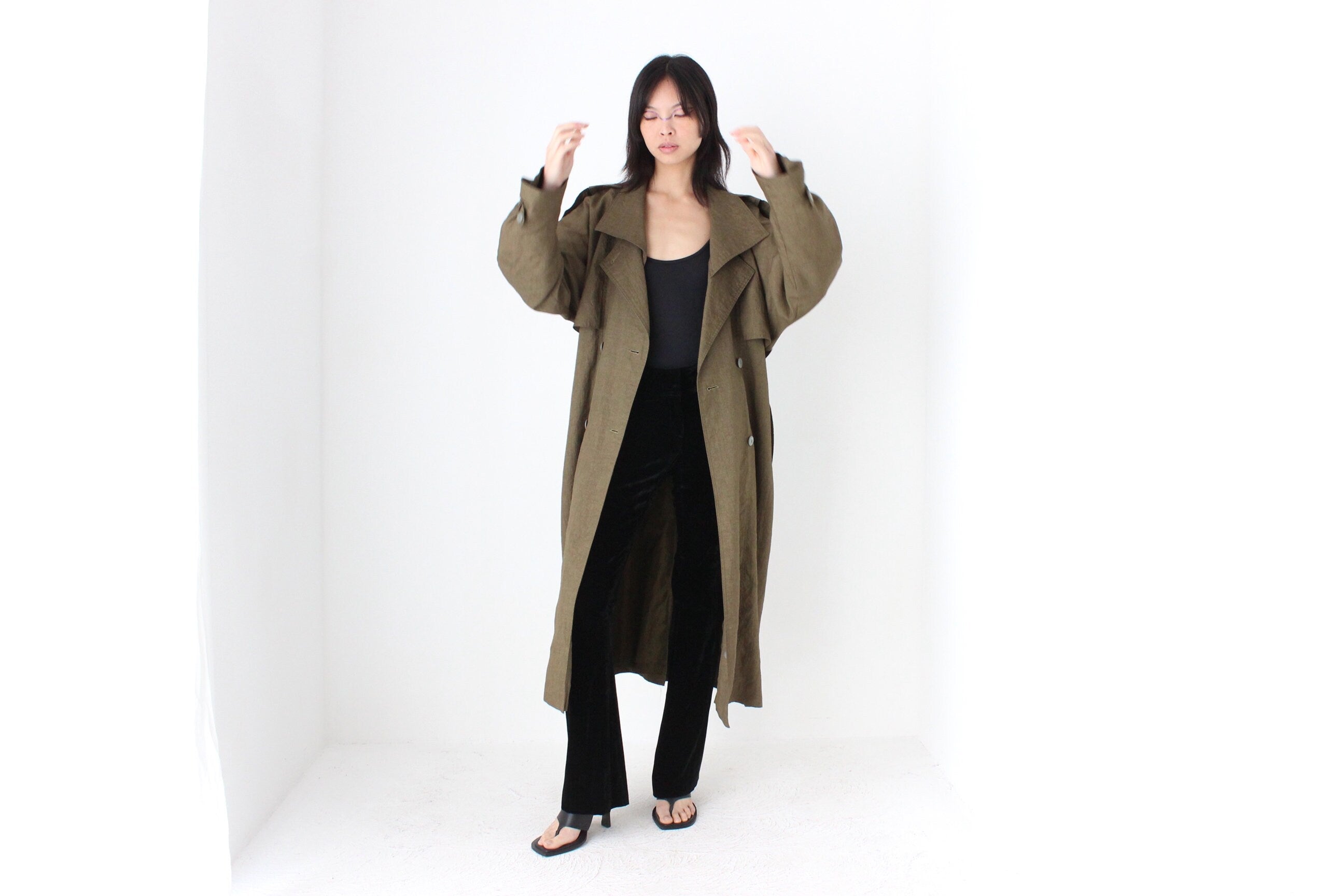 80s Neutral Longline Classic Belted Trench Coat