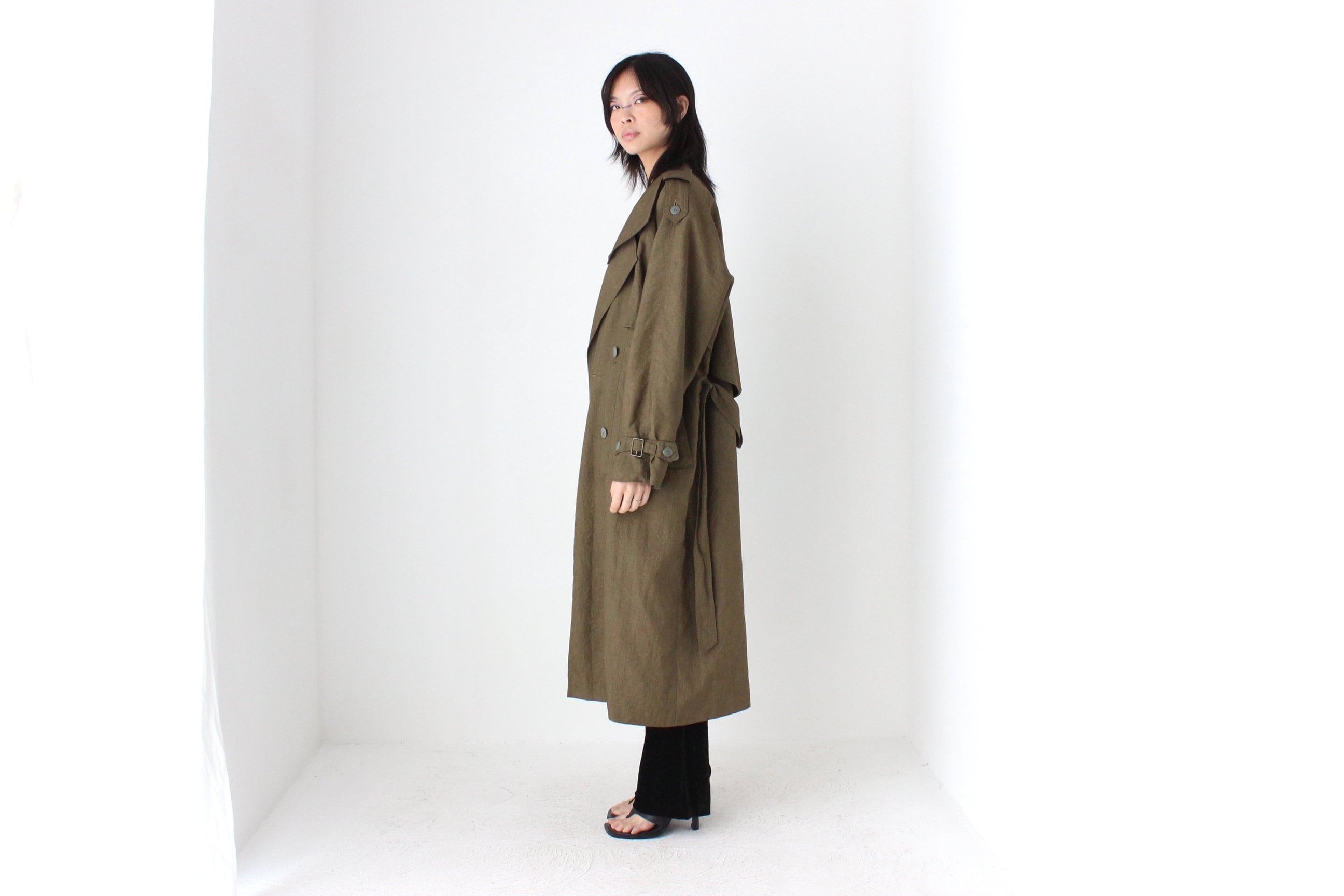 80s Neutral Longline Classic Belted Trench Coat
