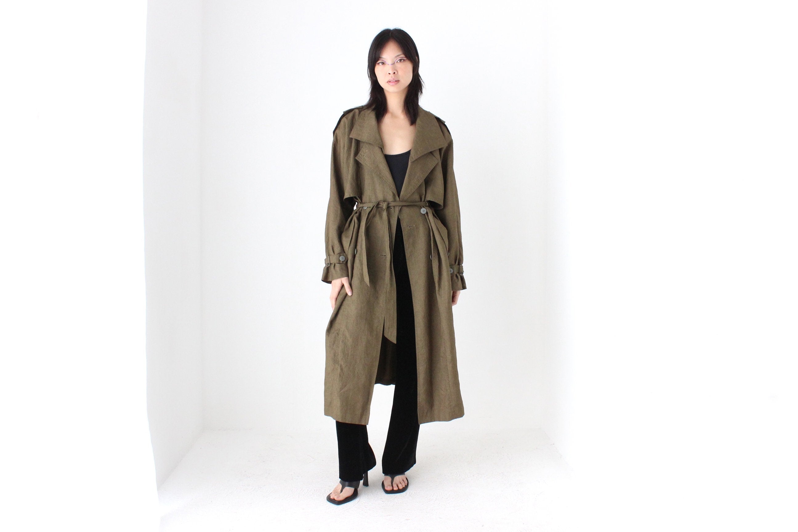 80s Neutral Longline Classic Belted Trench Coat