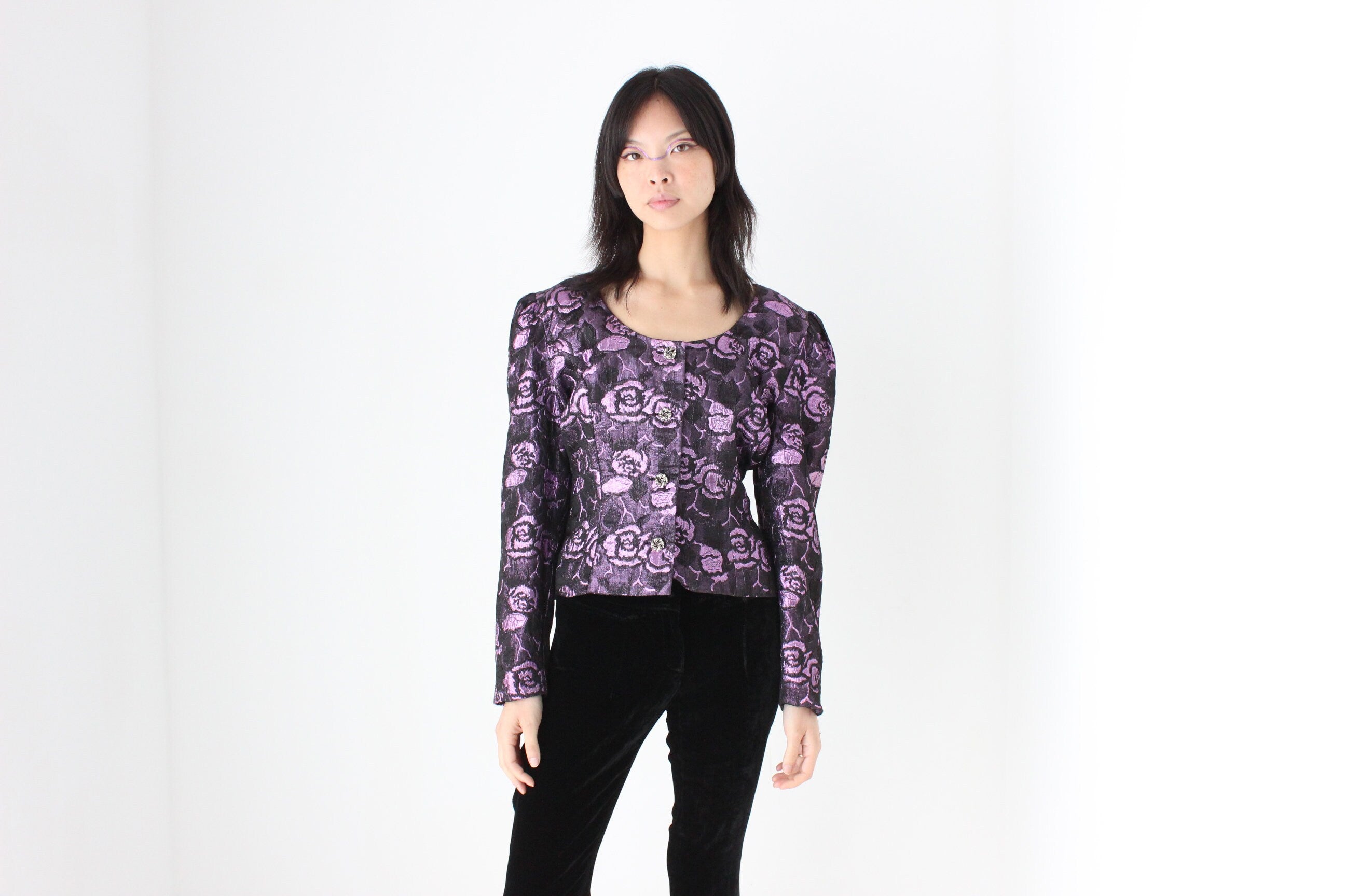 80s Metallic Jacquard Bold Shoulder Bustier Blazer Top