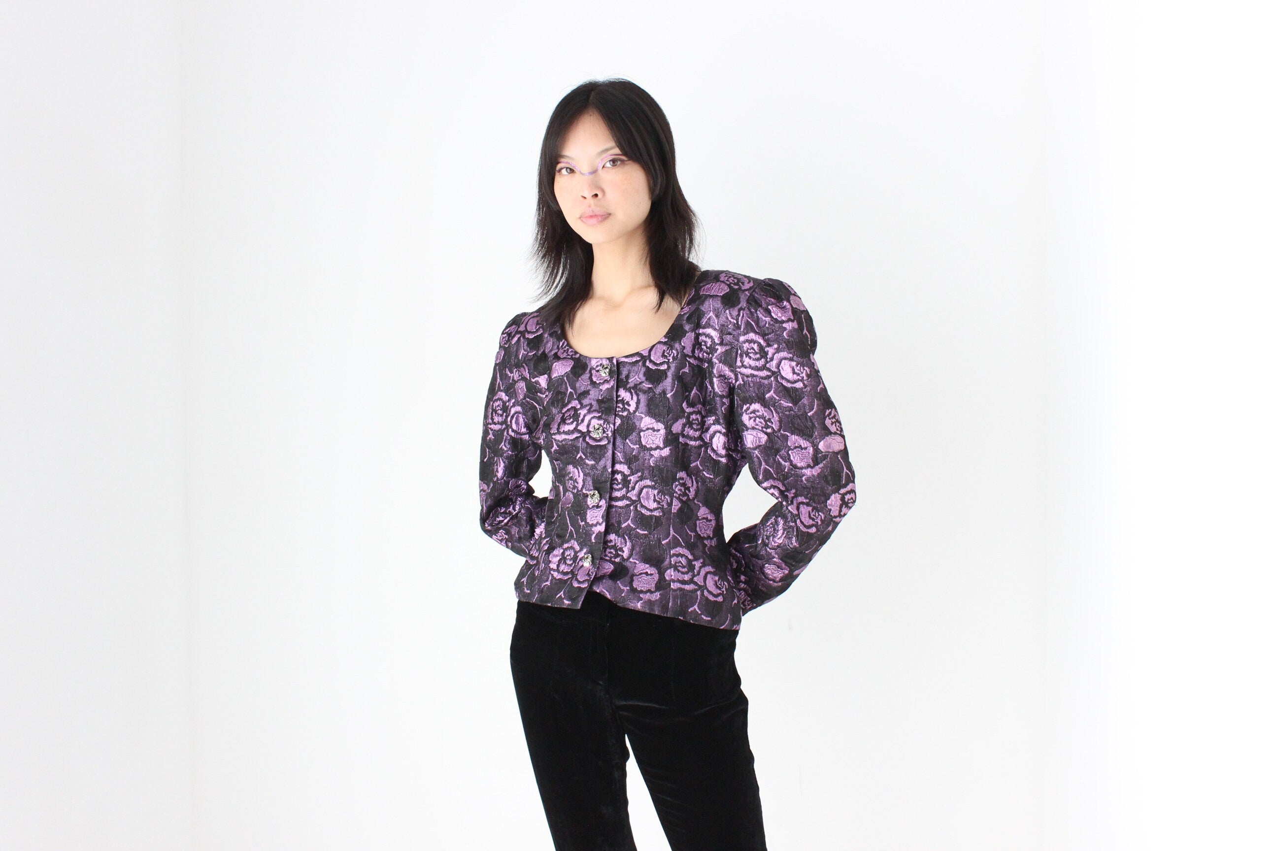 80s Metallic Jacquard Bold Shoulder Bustier Blazer Top