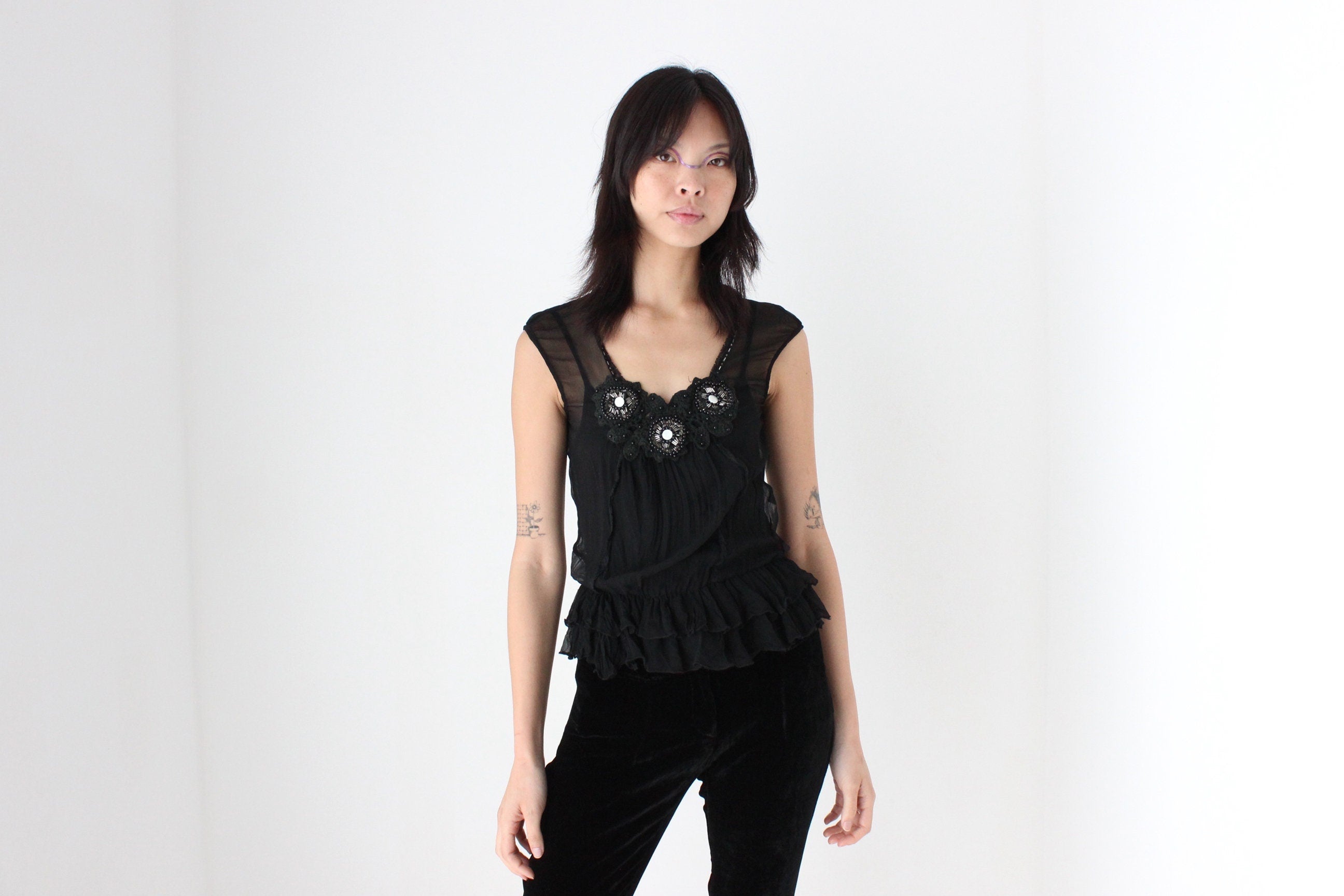 Y2K Gauzy Bejewelled Cap Sleeve Gathered Top