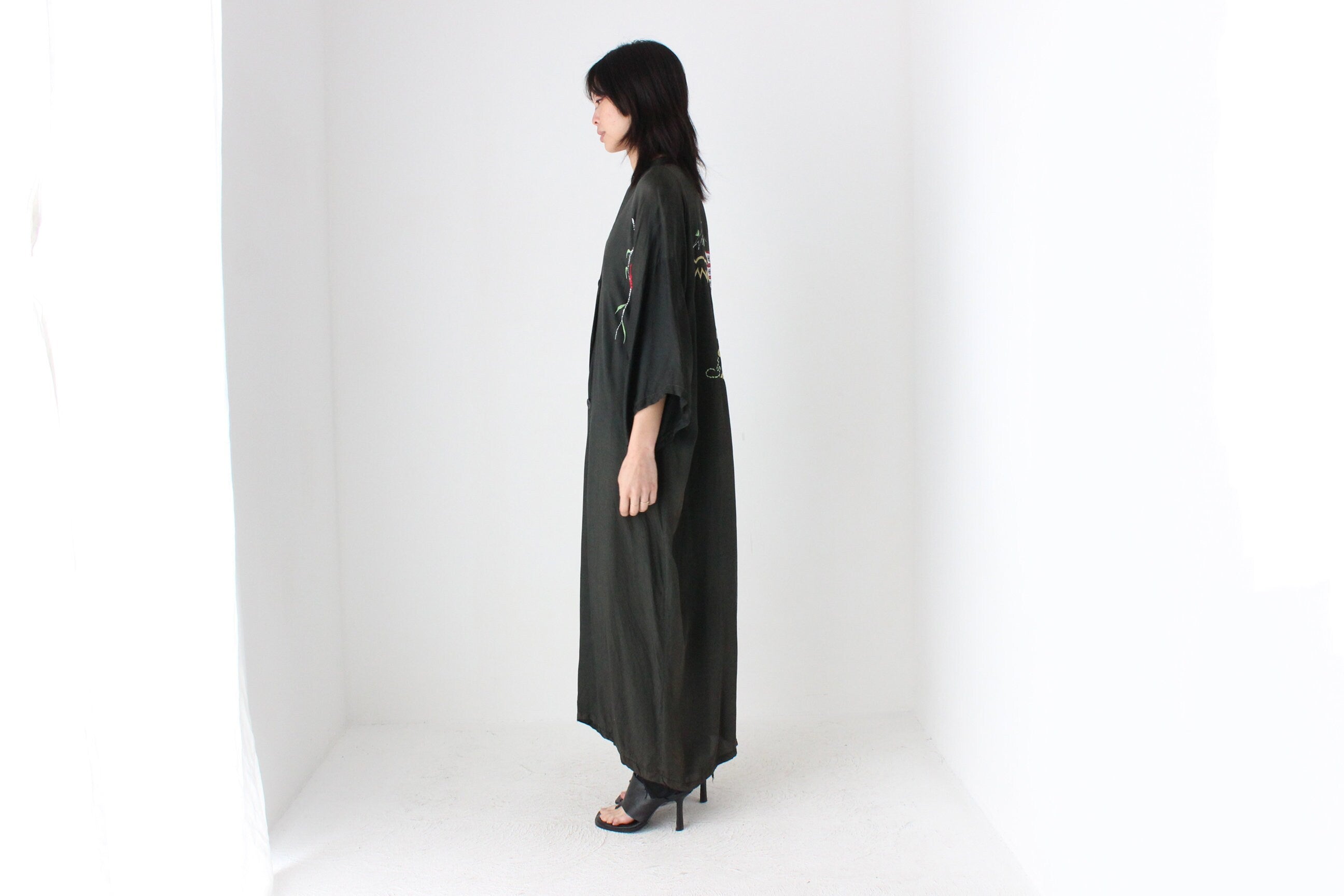 1980s Silky Rayon Button Front Kimono Robe Dress