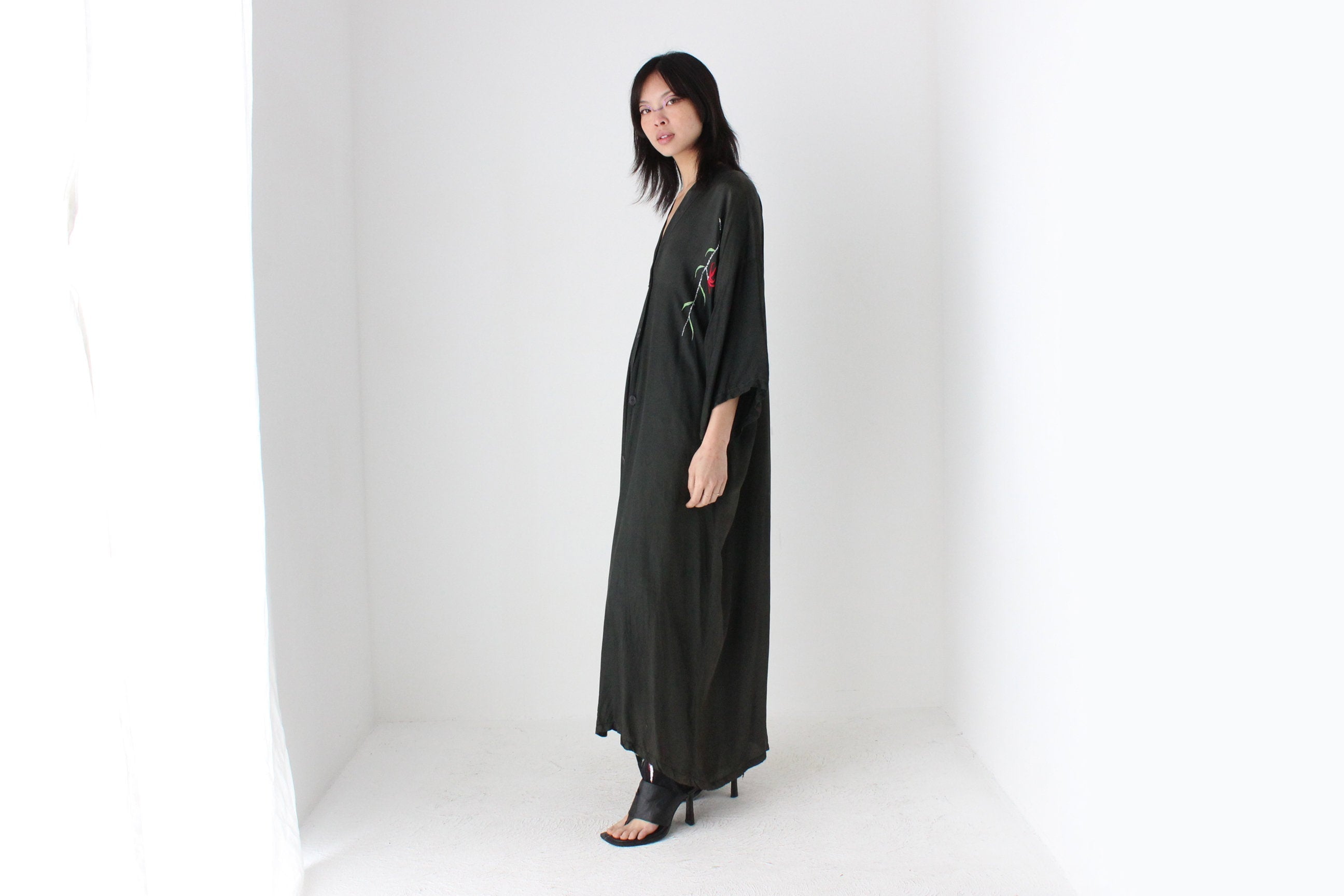 1980s Silky Rayon Button Front Kimono Robe Dress