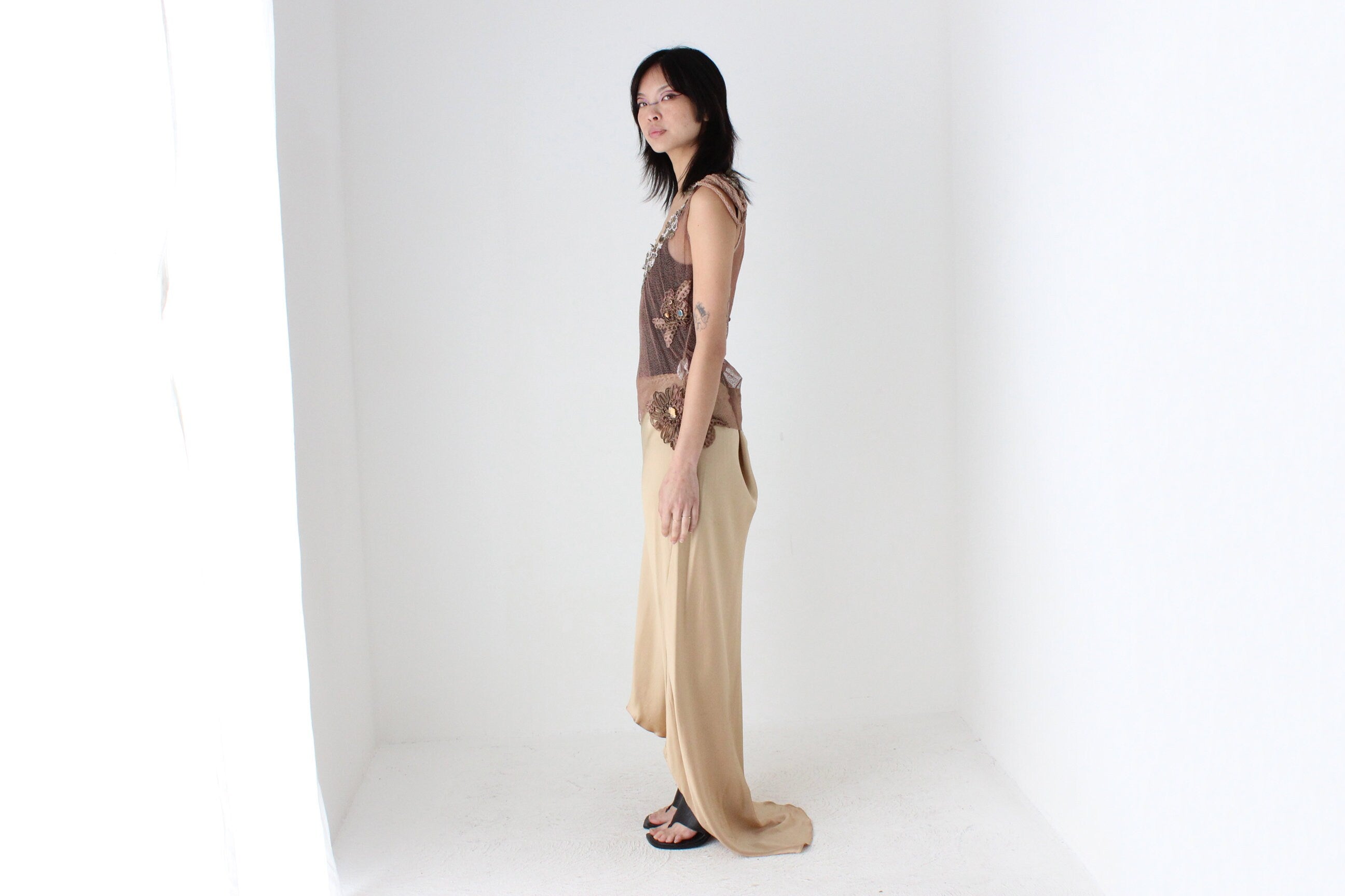 80s Pure Silk Neutral Nude Gold Bias Cut Maxi Skirt w/ Train