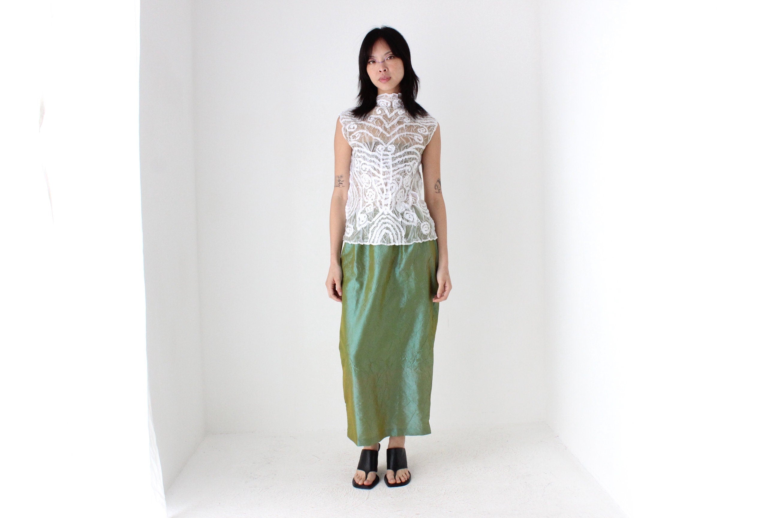 90s Metallic Green Crinkle Taffeta High Waist Column Midi Skirt