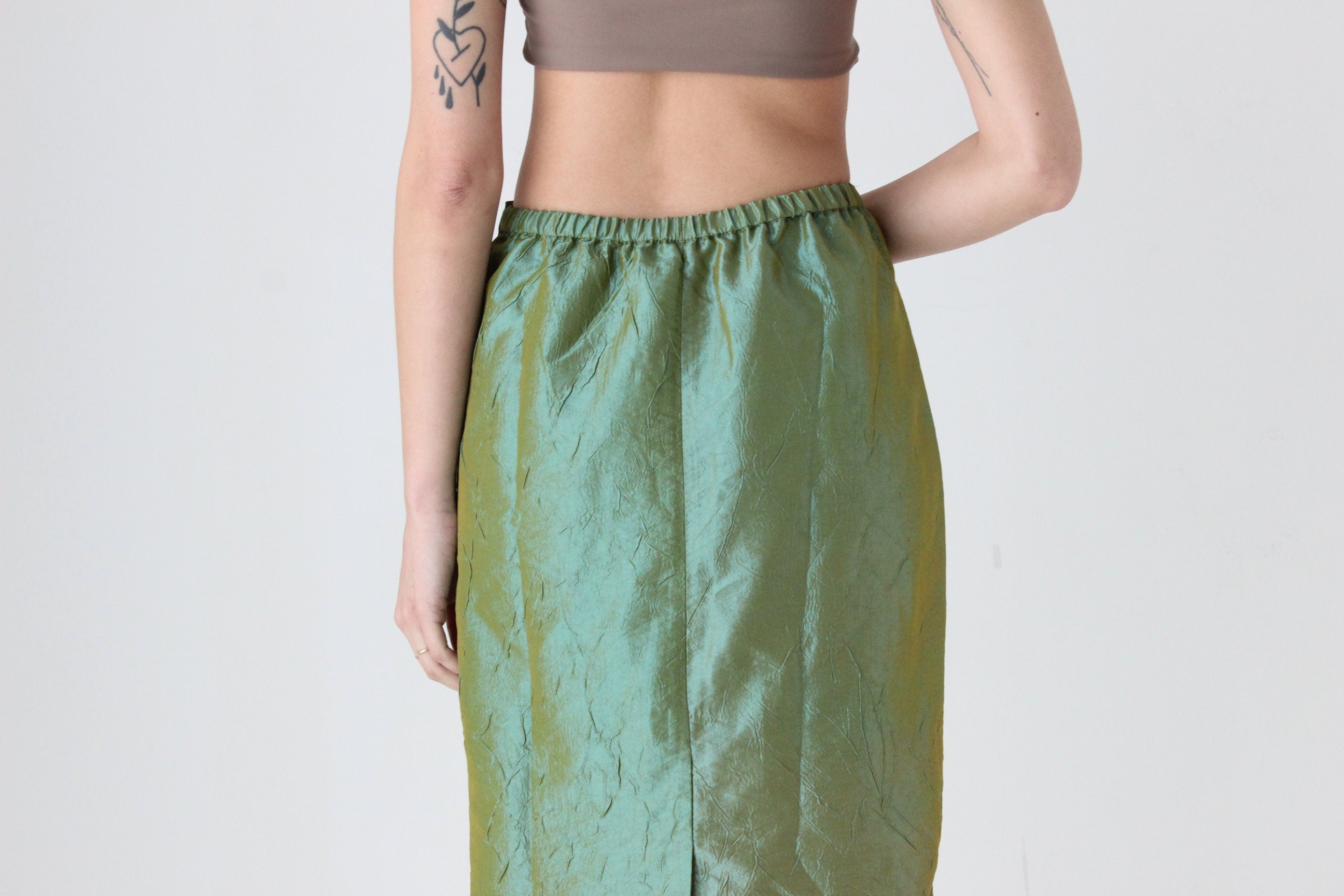 90s Metallic Green Crinkle Taffeta High Waist Column Midi Skirt