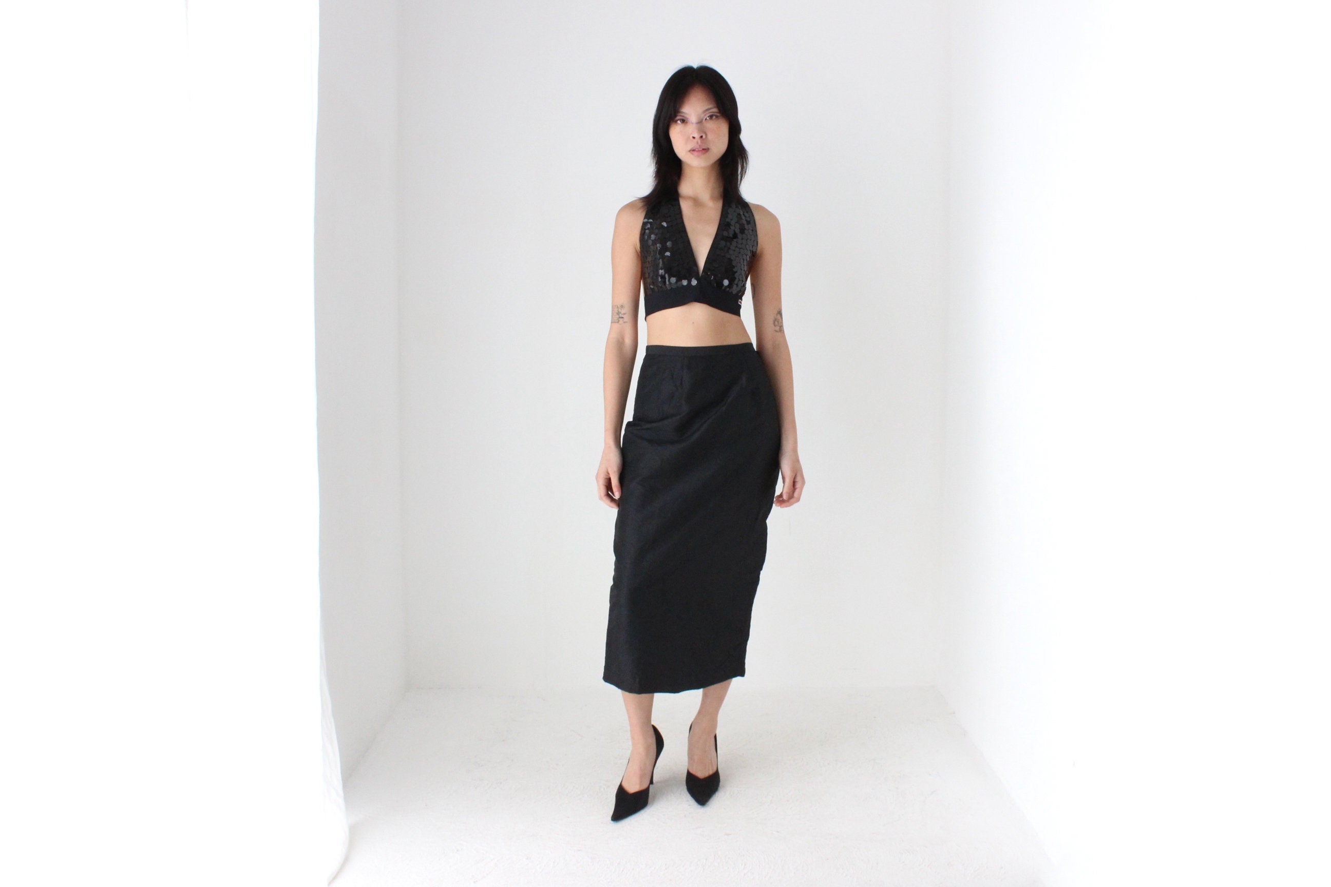 90s Black Taffeta Crinkle High Waist Column Midi Skirt