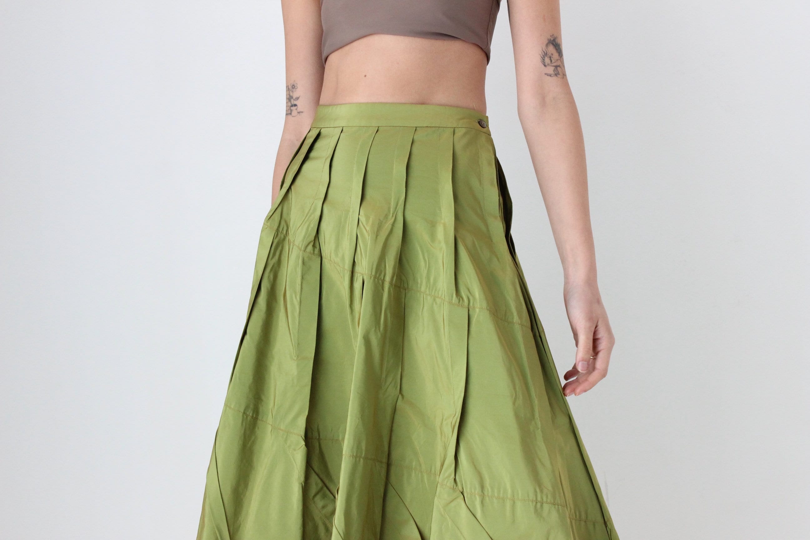 Y2K Metallic Green Structural Taffeta High Waist Skirt