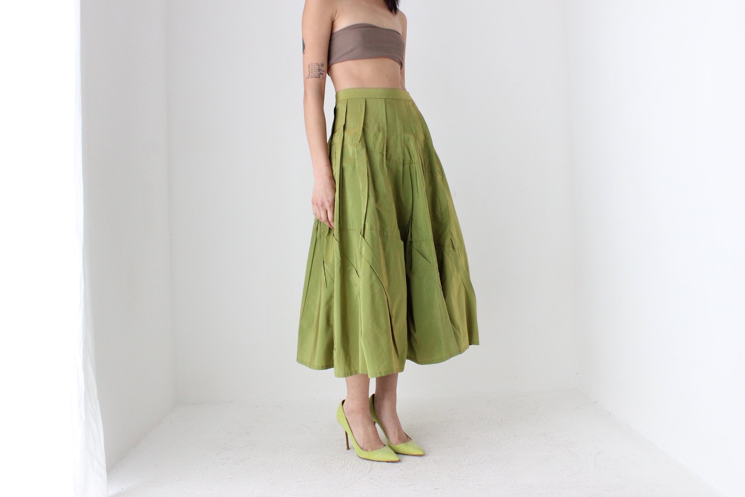 Y2K Metallic Green Structural Taffeta High Waist Skirt