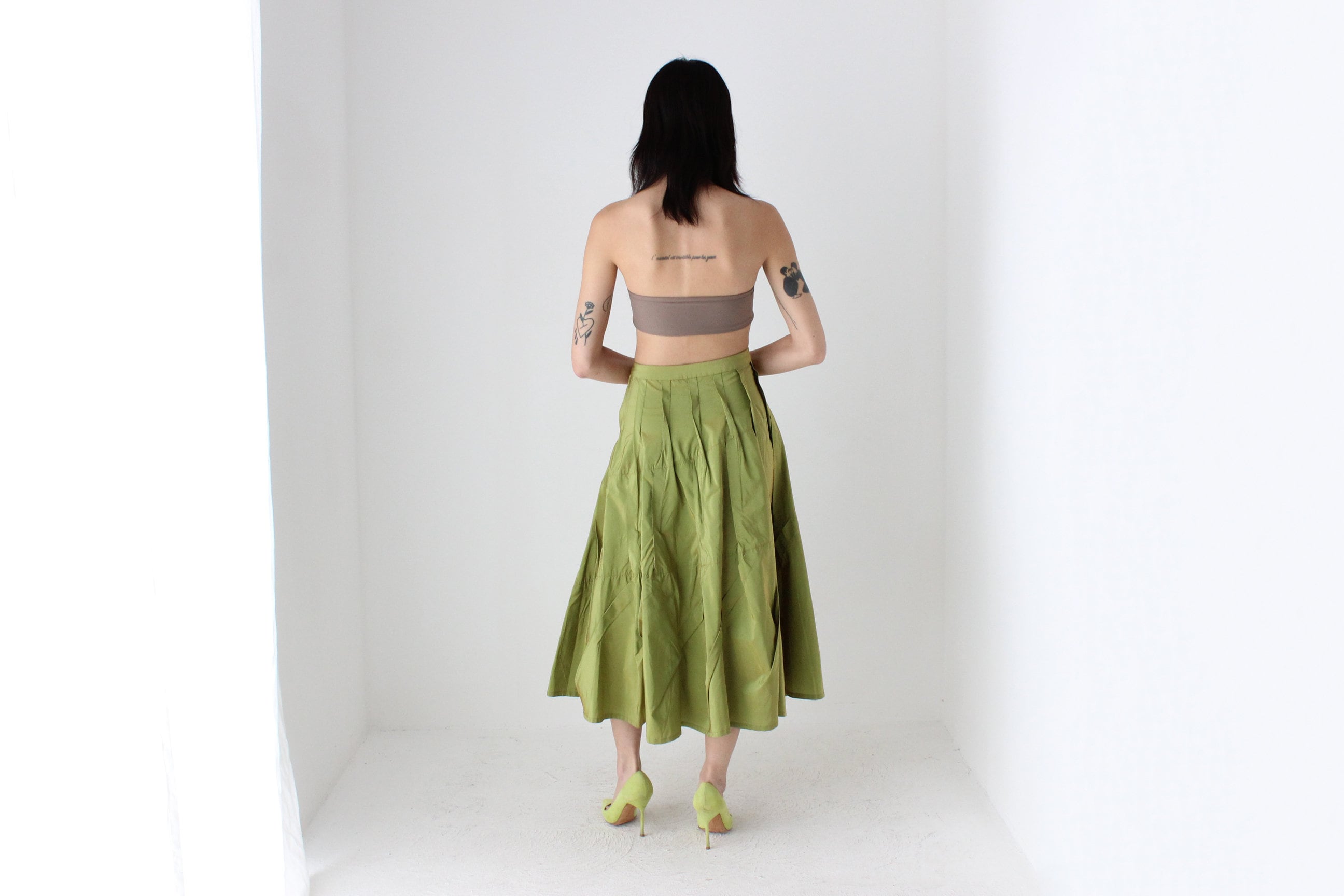 Y2K Metallic Green Structural Taffeta High Waist Skirt