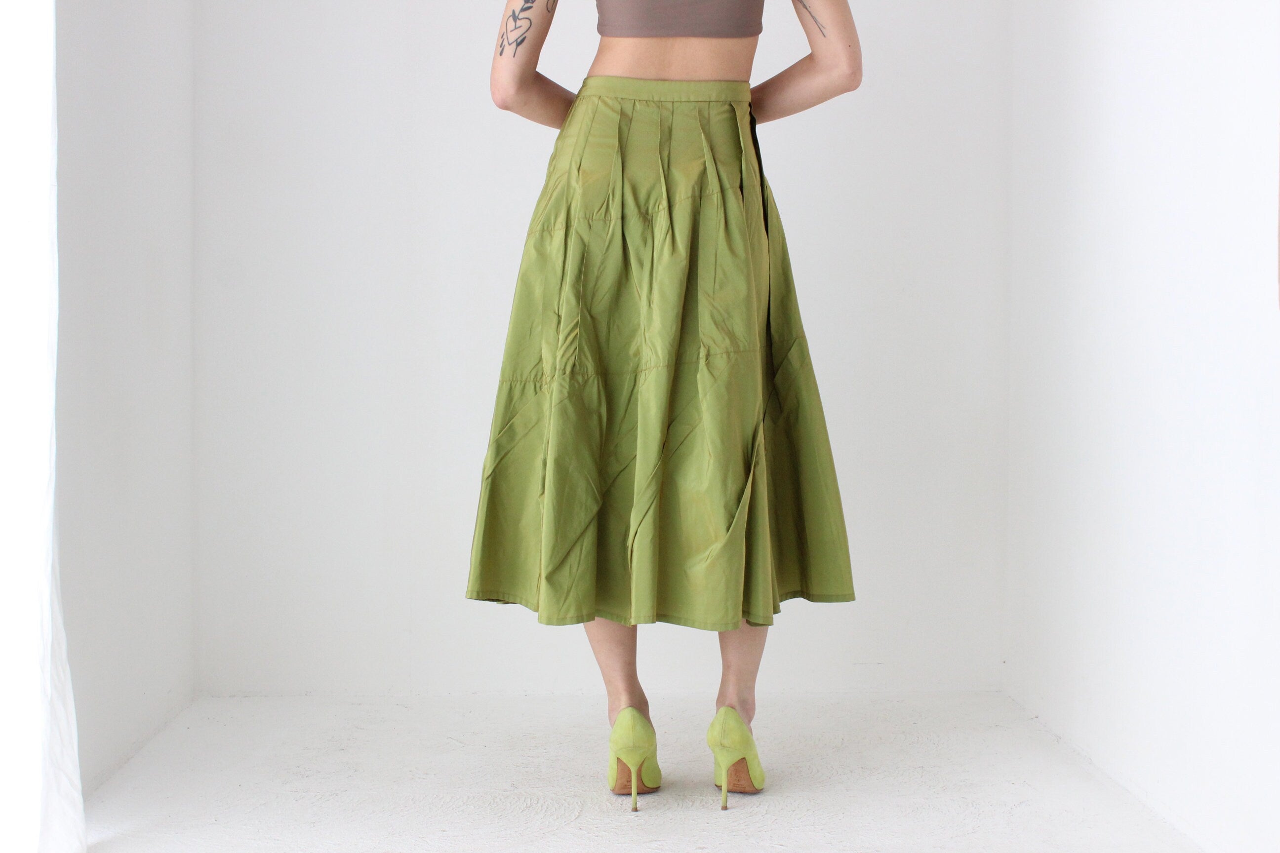Y2K Metallic Green Structural Taffeta High Waist Skirt