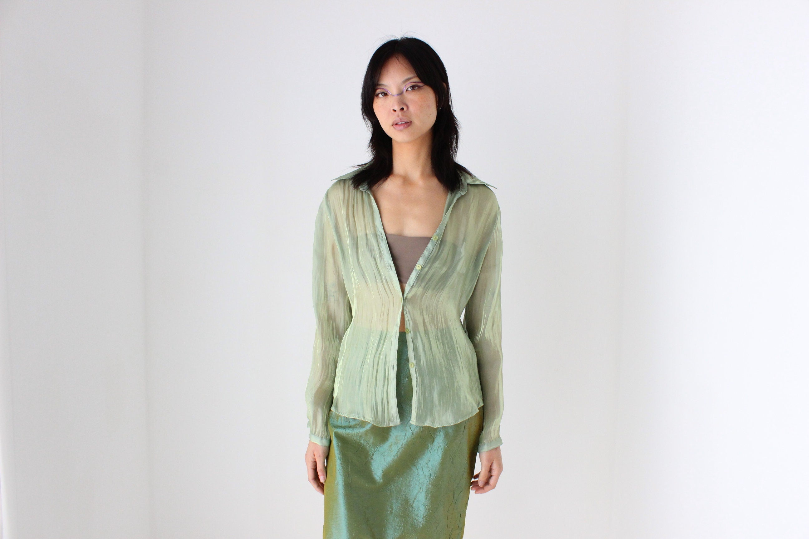 Y2K Iridescent Green Sheer Metallic Button Up Blouse