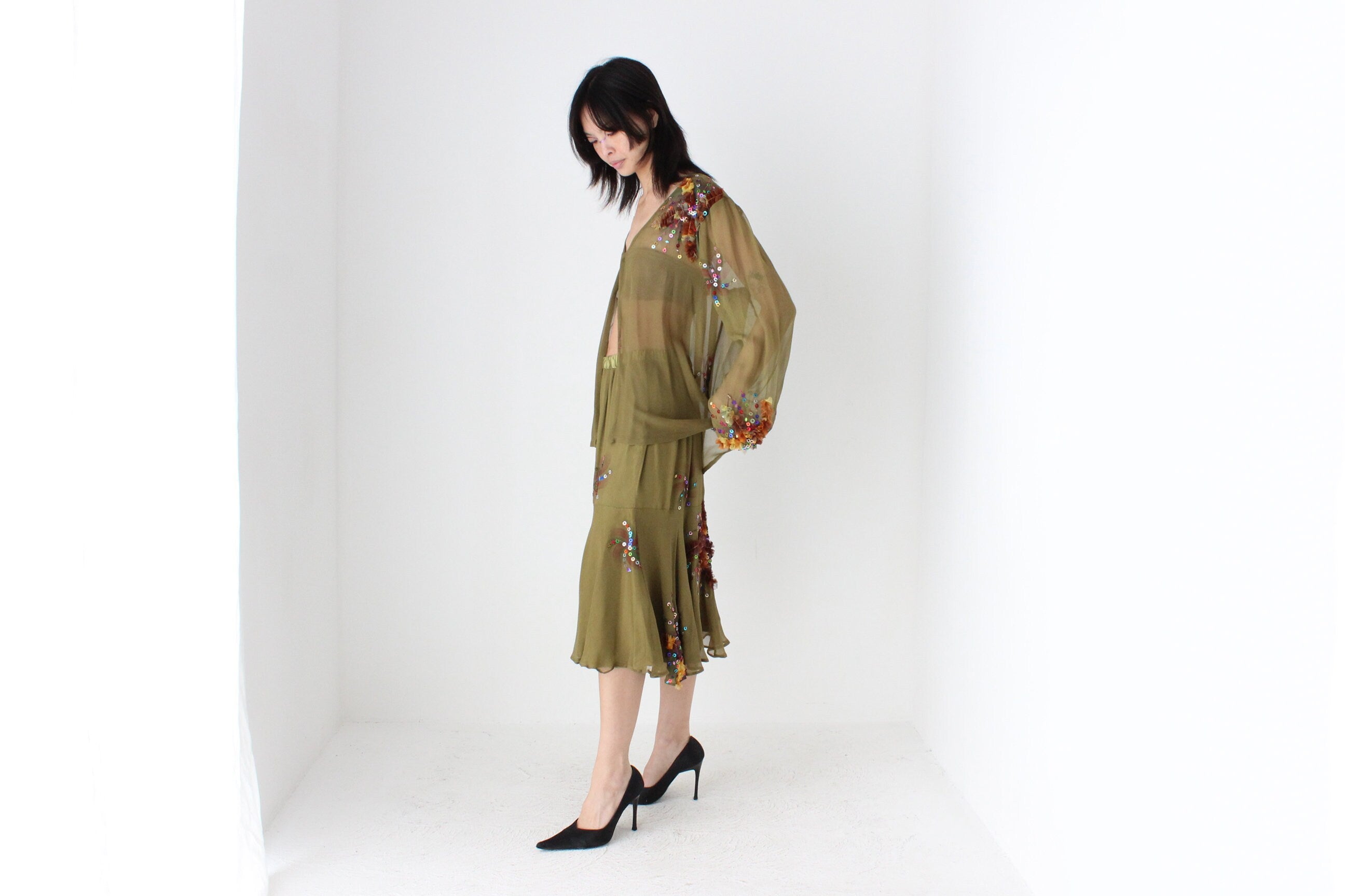 80s Pure Silk Wearable Art Matching Two Piece Skirt & Top Set