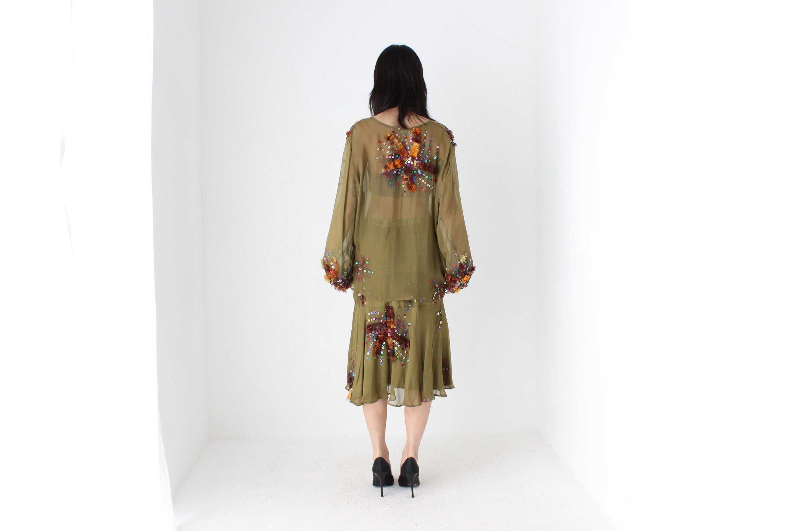 80s Pure Silk Wearable Art Matching Two Piece Skirt & Top Set