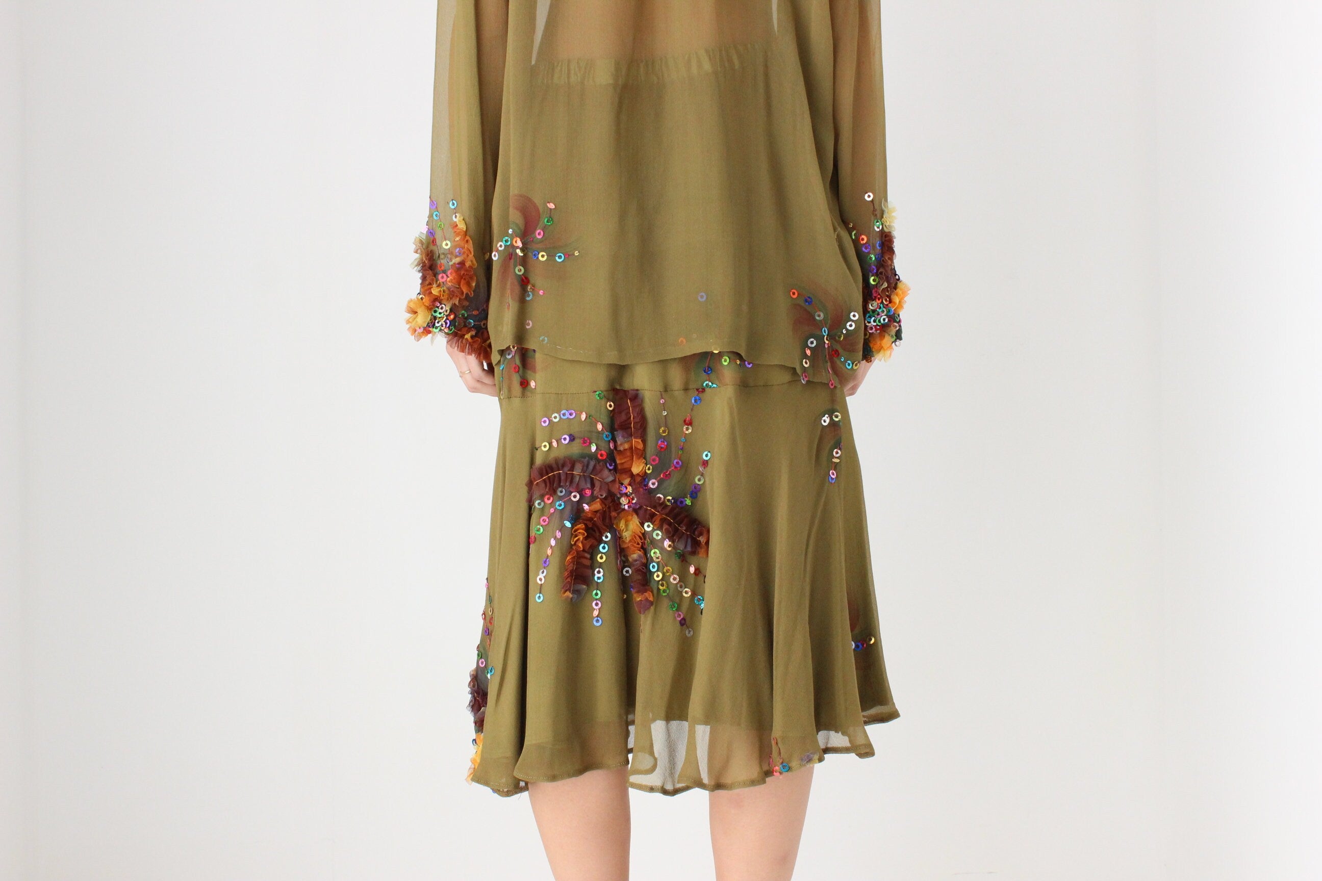 80s Pure Silk Wearable Art Matching Two Piece Skirt & Top Set