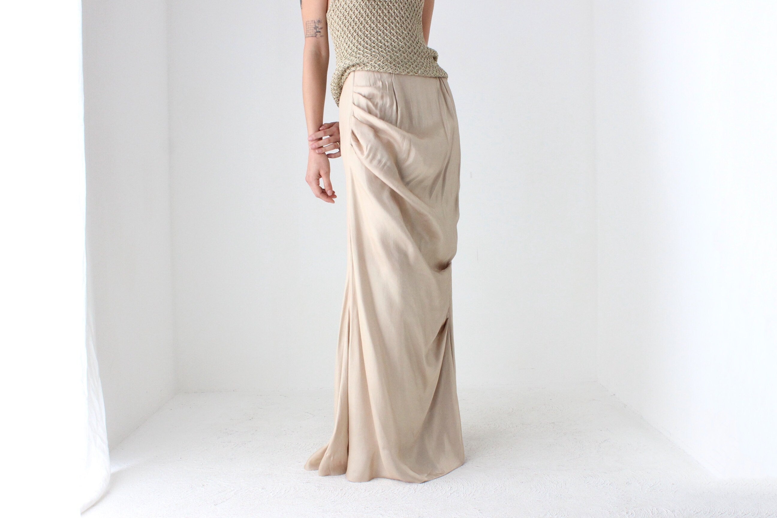 90s Draped Greek Statue Subtle Gold Maxi Skirt