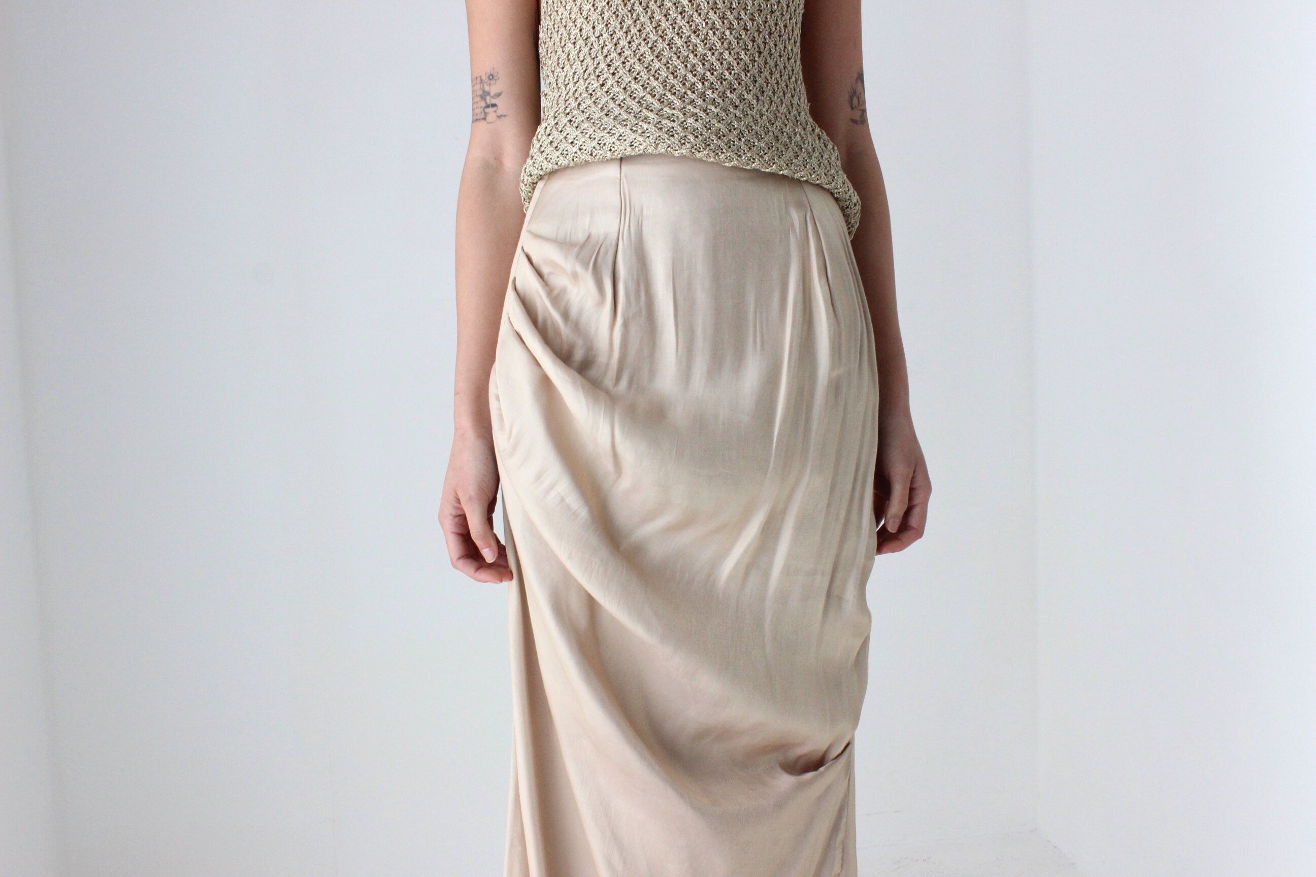 90s Draped Greek Statue Subtle Gold Maxi Skirt