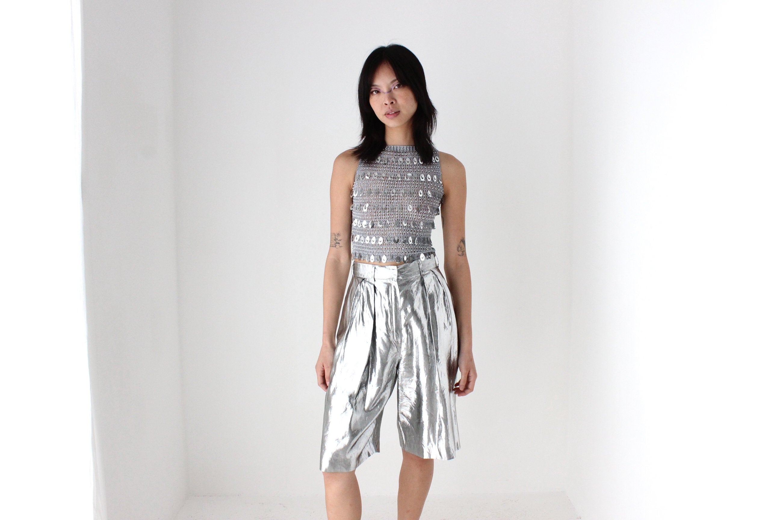 80s Silver Lamé Metallic Foil Long Line Pleated Shorts by Heléne Sidel