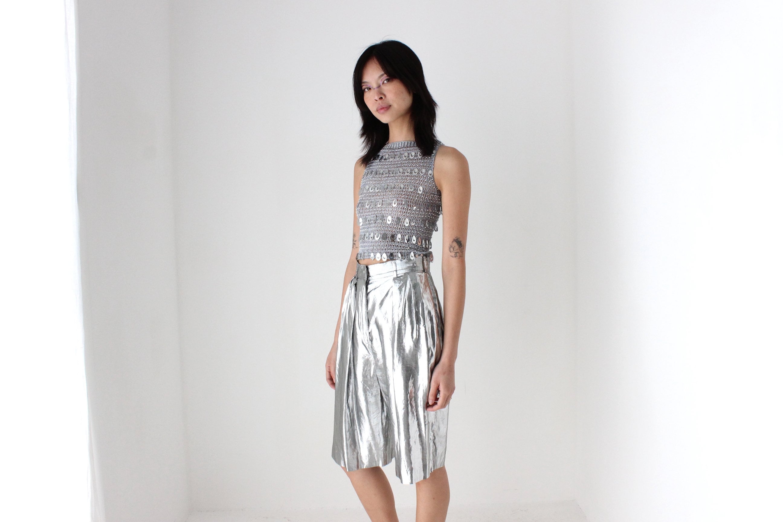 80s Silver Lamé Metallic Foil Long Line Pleated Shorts by Heléne Sidel