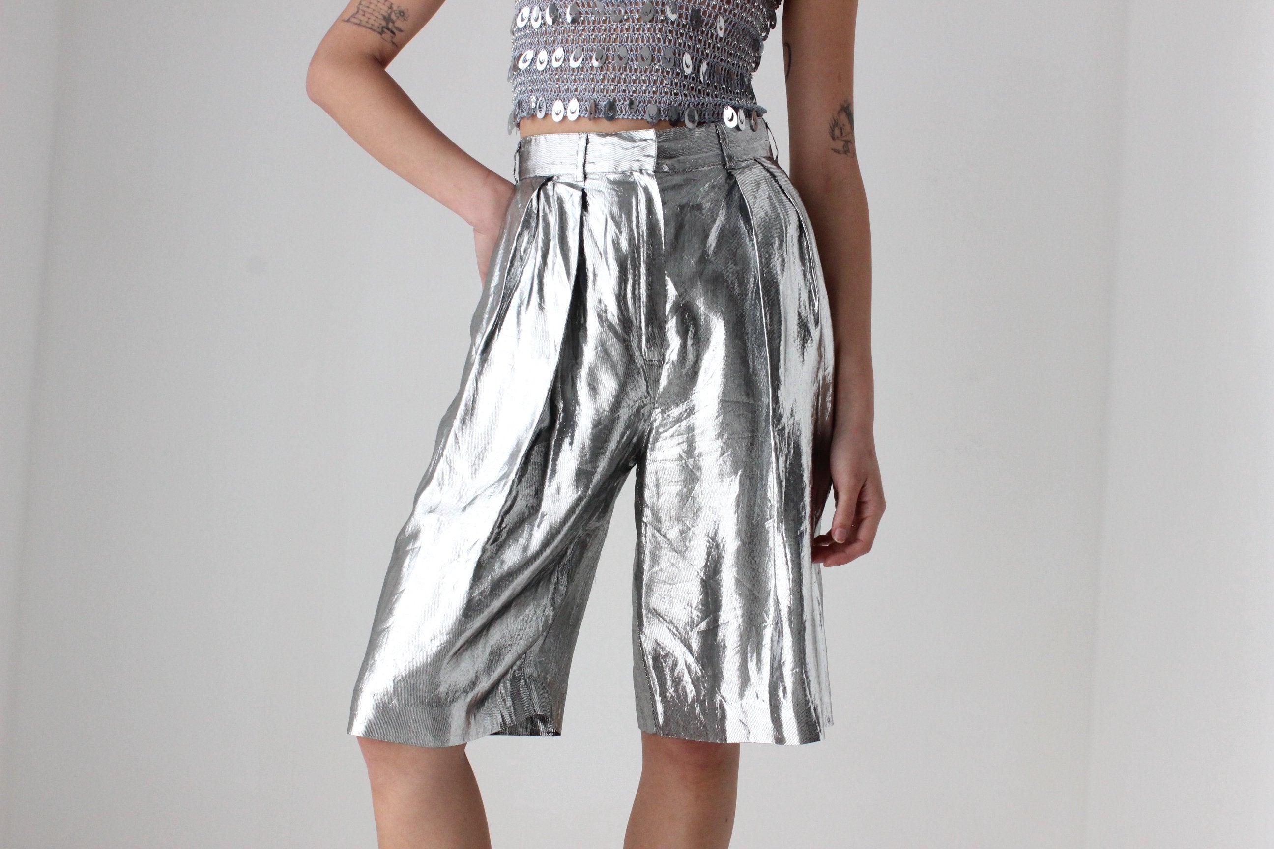 80s Silver Lamé Metallic Foil Long Line Pleated Shorts by Heléne Sidel