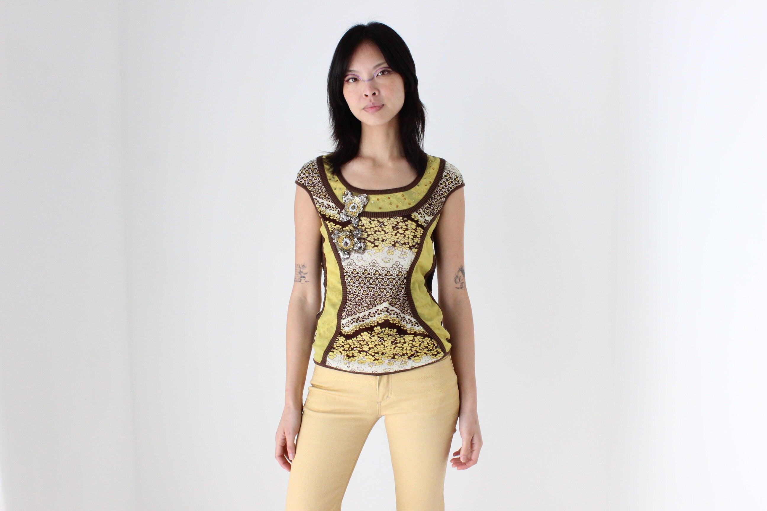 Y2K Abstract Mesh Patchwork Top w/ Sequin Applique
