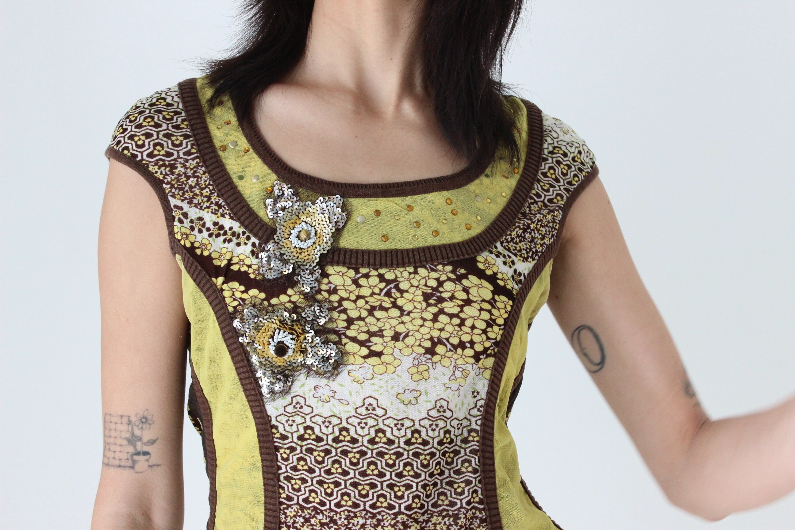 Y2K Abstract Mesh Patchwork Top w/ Sequin Applique