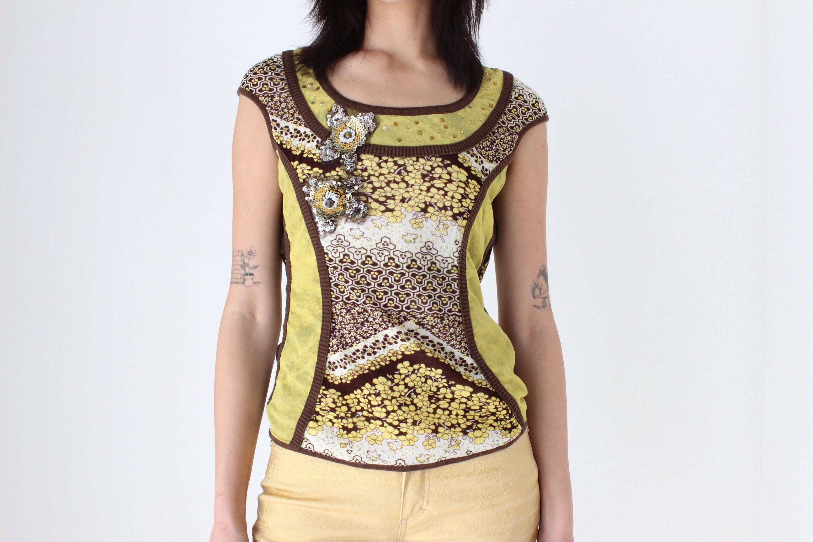 Y2K Abstract Mesh Patchwork Top w/ Sequin Applique