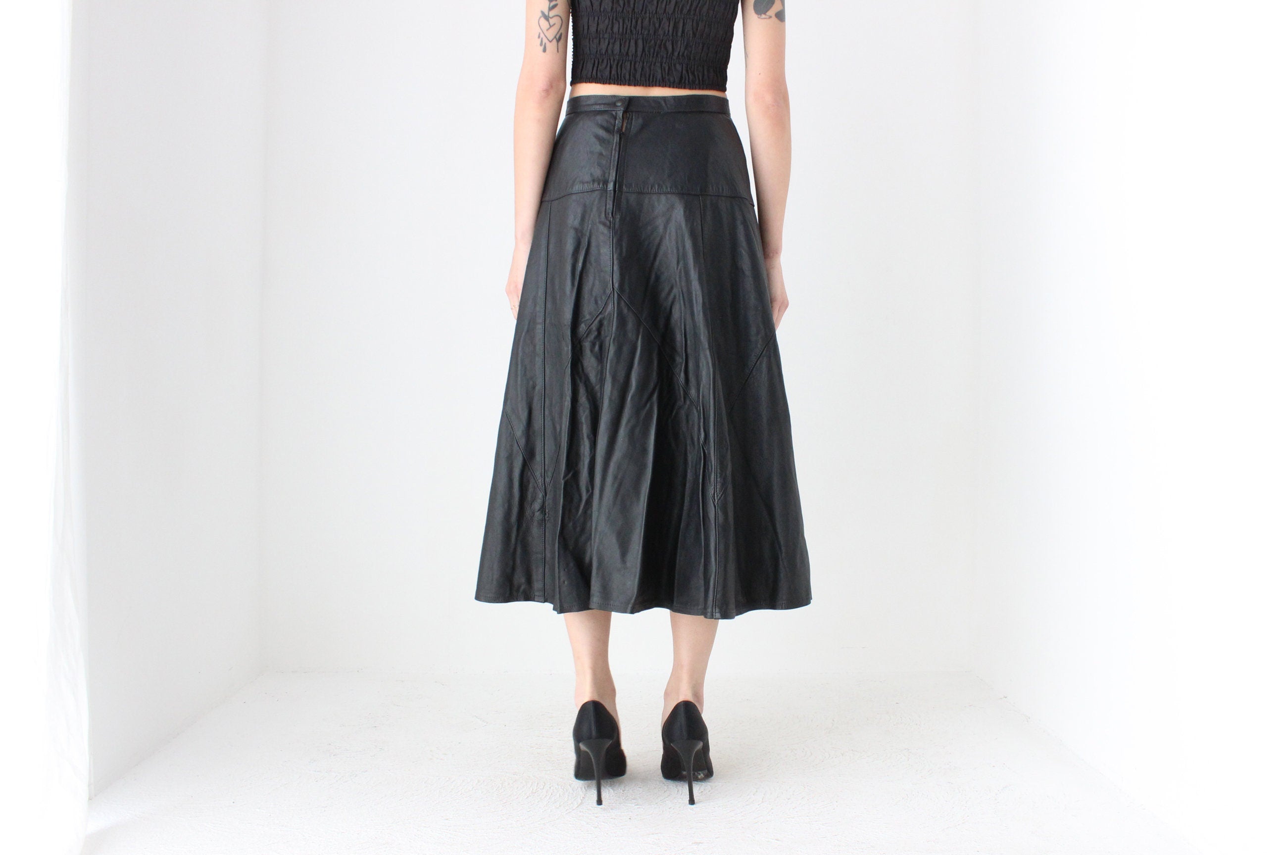80s Black LEATHER High Waist Full Midi Skirt