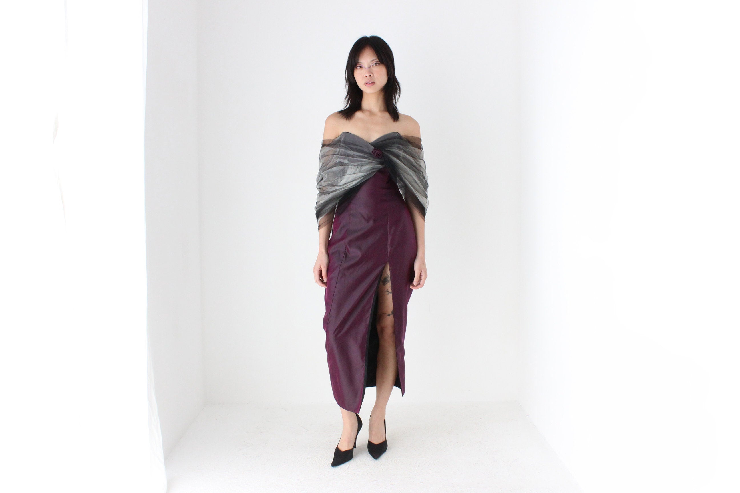 80s 'Shute Boss' Dramatic Fitted Taffeta Dress w/ Sculptural Tulle Shawl