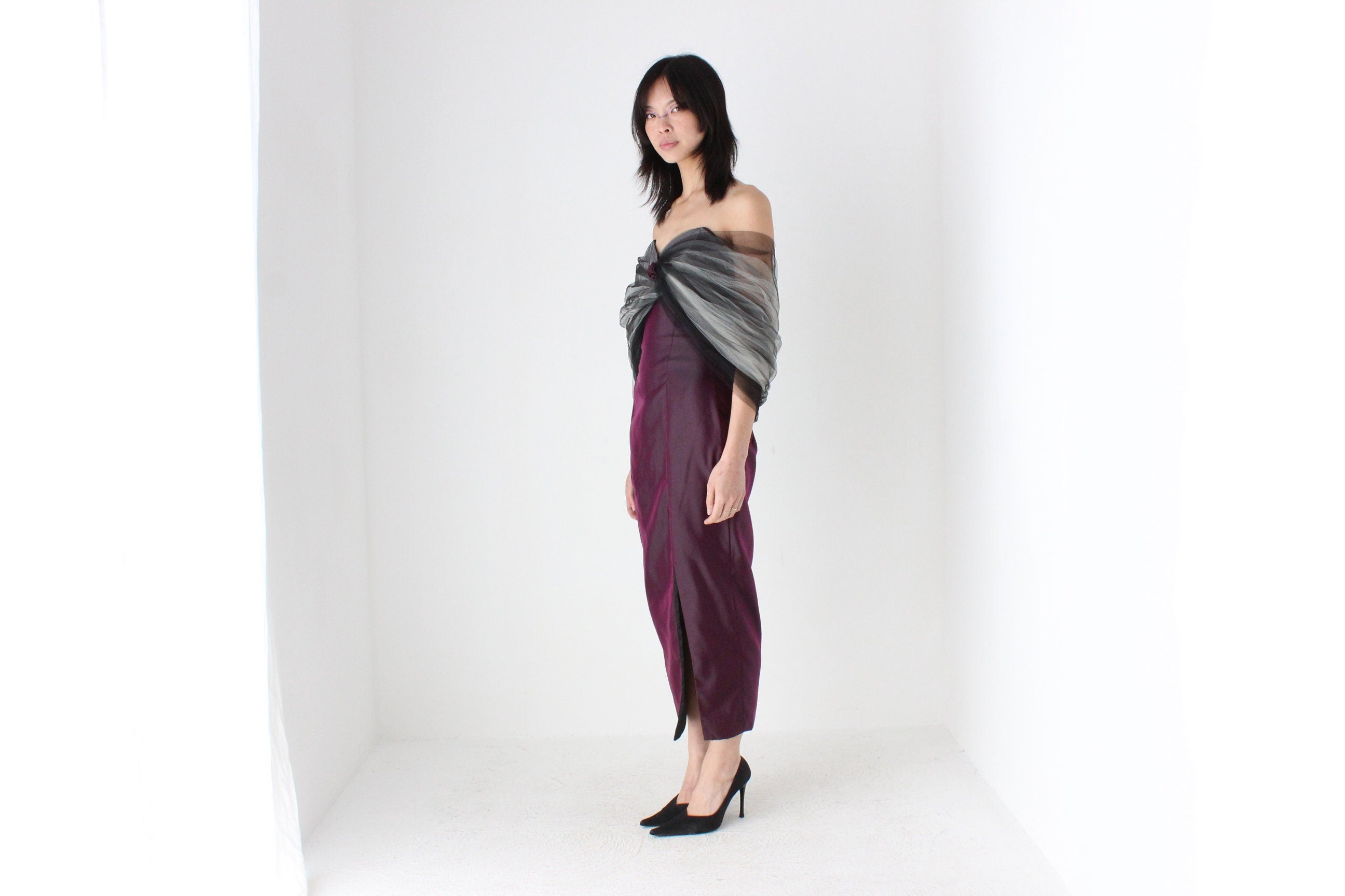 80s 'Shute Boss' Dramatic Fitted Taffeta Dress w/ Sculptural Tulle Shawl