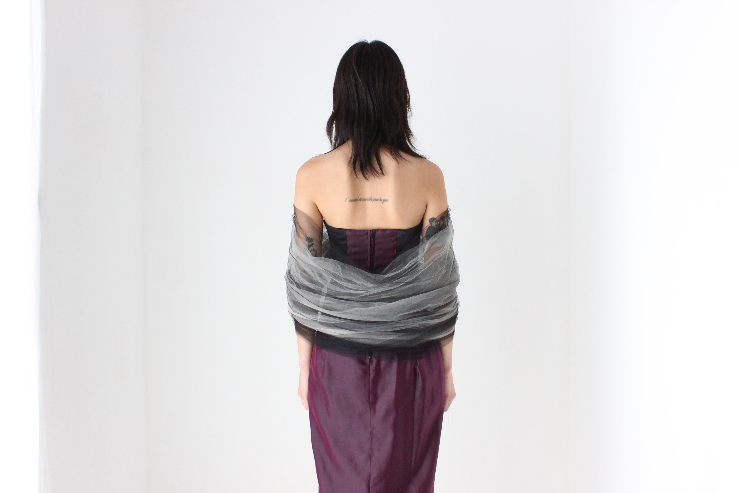 80s 'Shute Boss' Dramatic Fitted Taffeta Dress w/ Sculptural Tulle Shawl