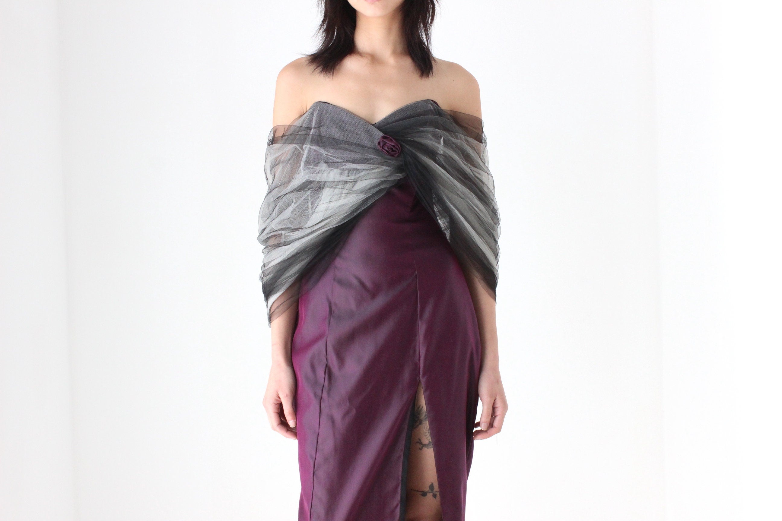 80s 'Shute Boss' Dramatic Fitted Taffeta Dress w/ Sculptural Tulle Shawl
