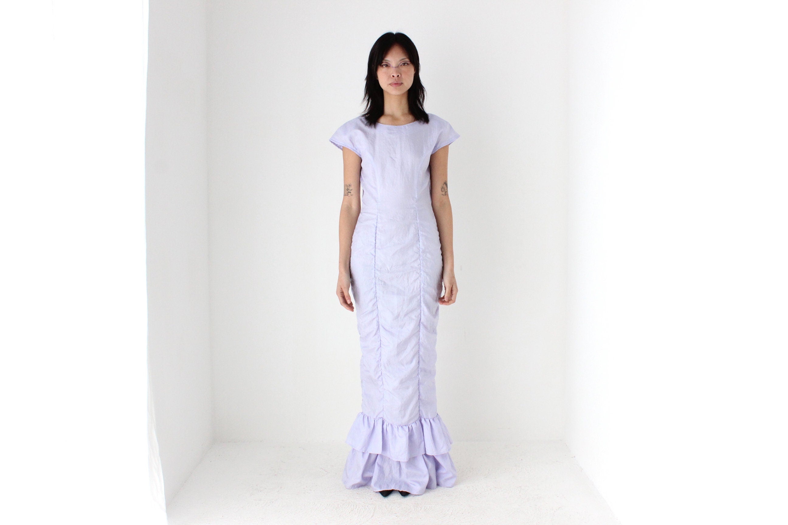 80s Pastel Taffeta Ruched & Ruffle Party Dress