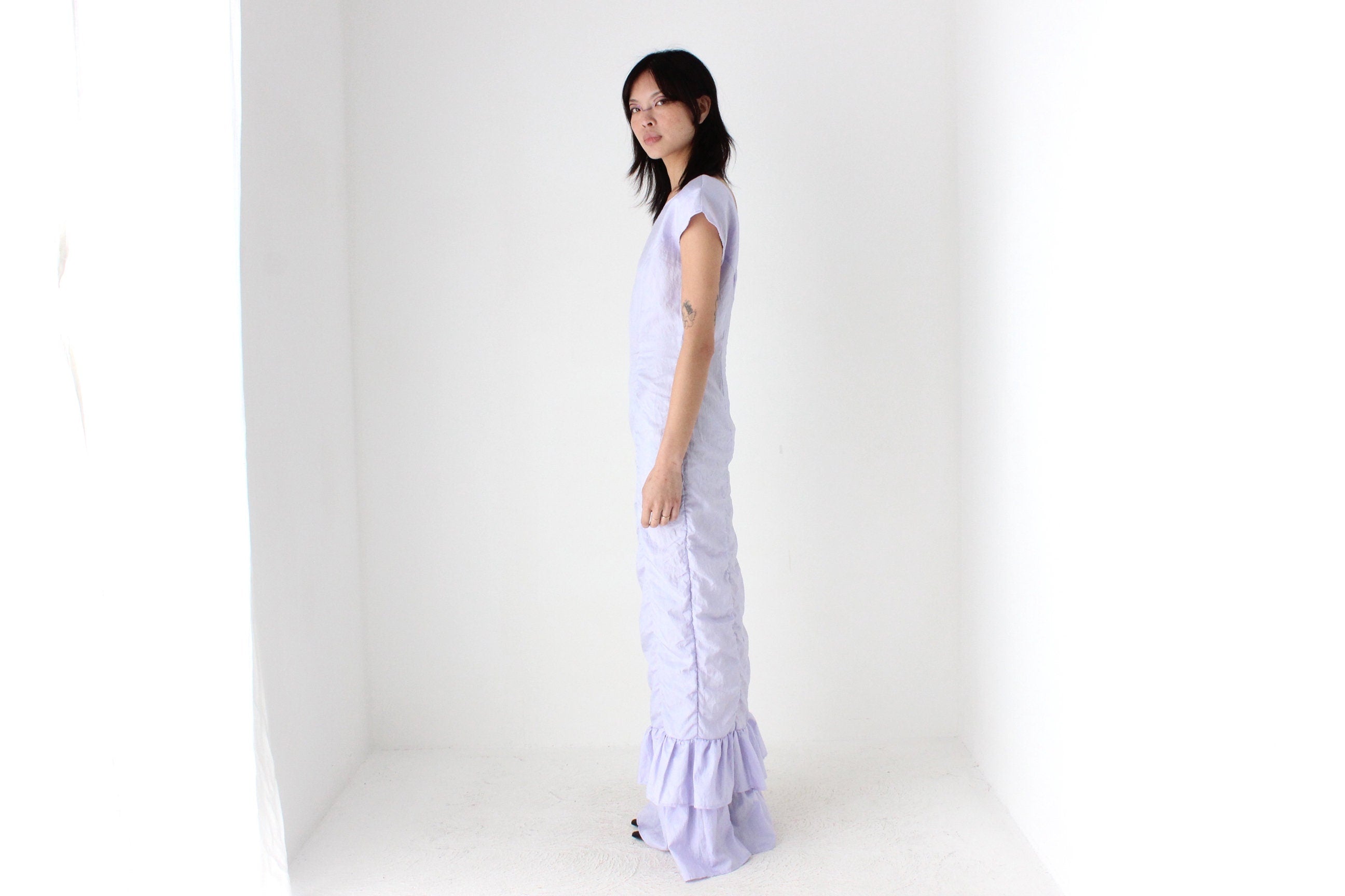 80s Pastel Taffeta Ruched & Ruffle Party Dress