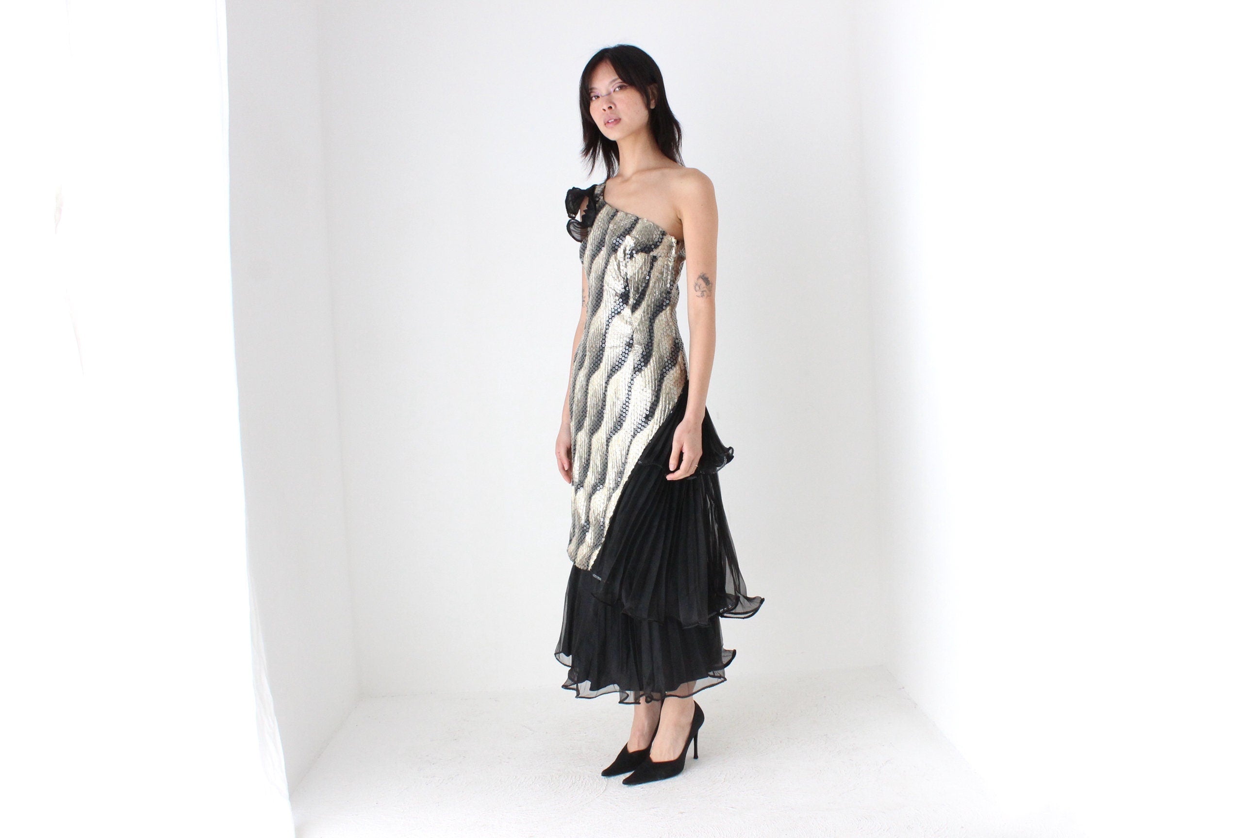 Maximalist 80s Sequin & Pleat Asymmetric Party Dress by Mr. K