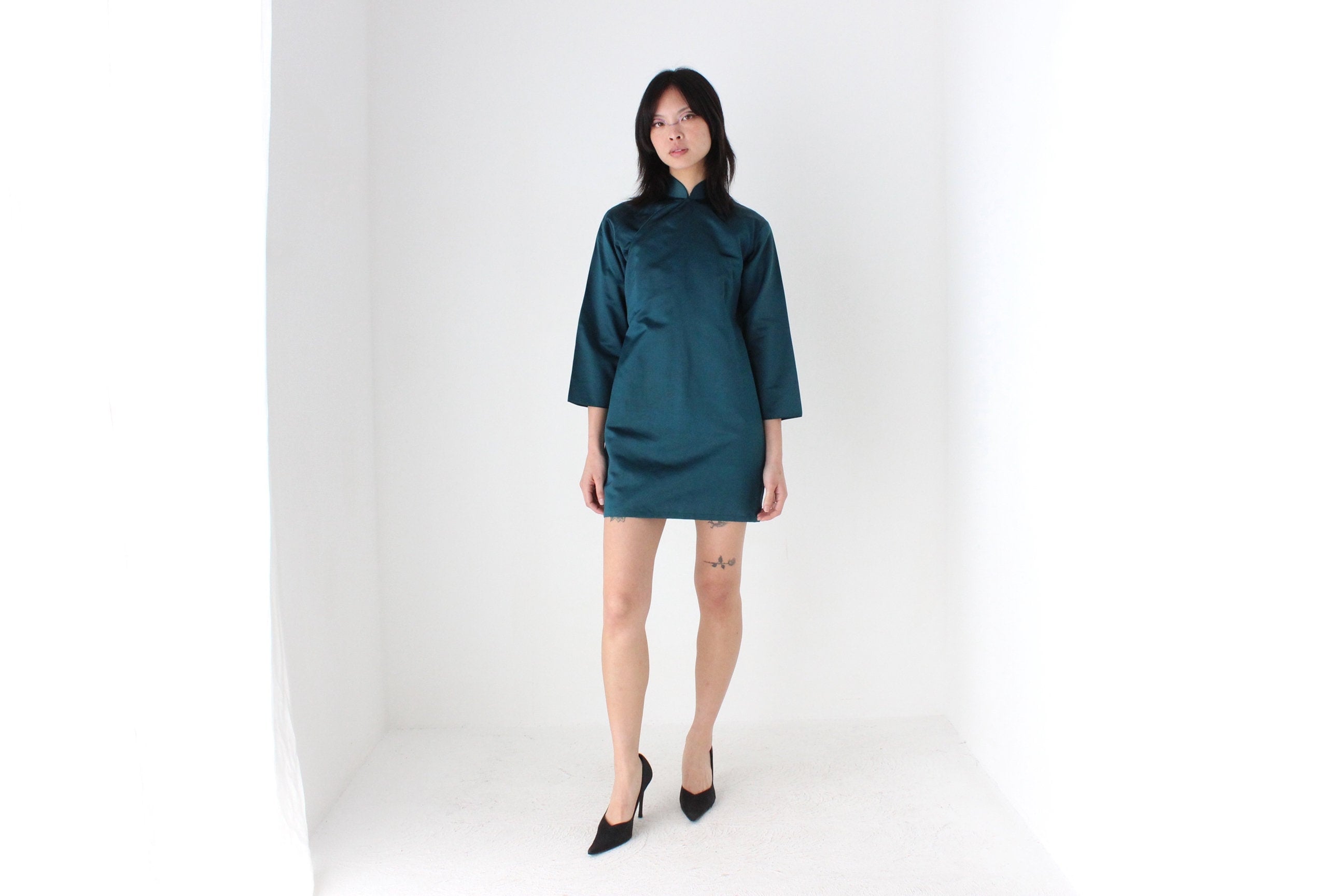 80s PURE SILK Metallic Teal Cheongsam Collar Mini Dress