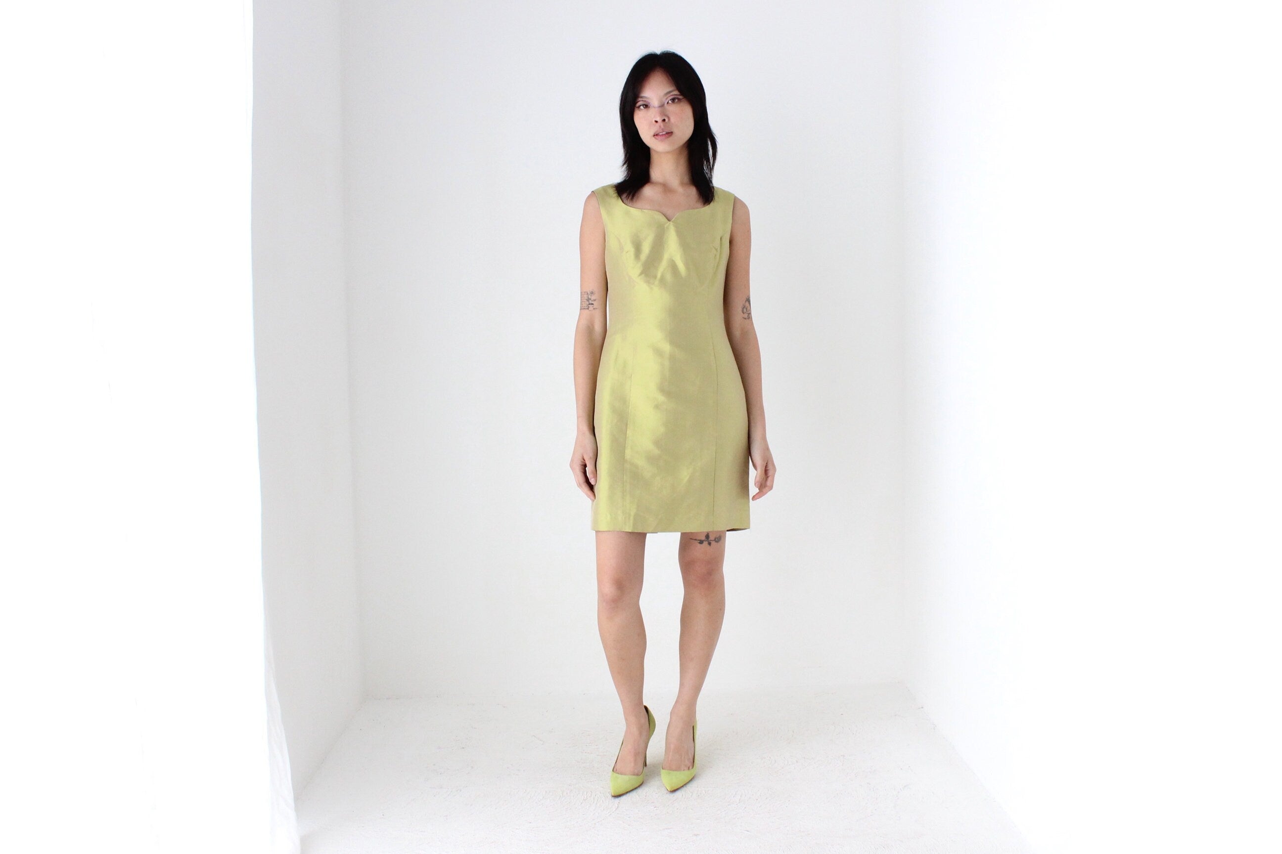 80s Iridescent Green Silk Holographic Mini Dress