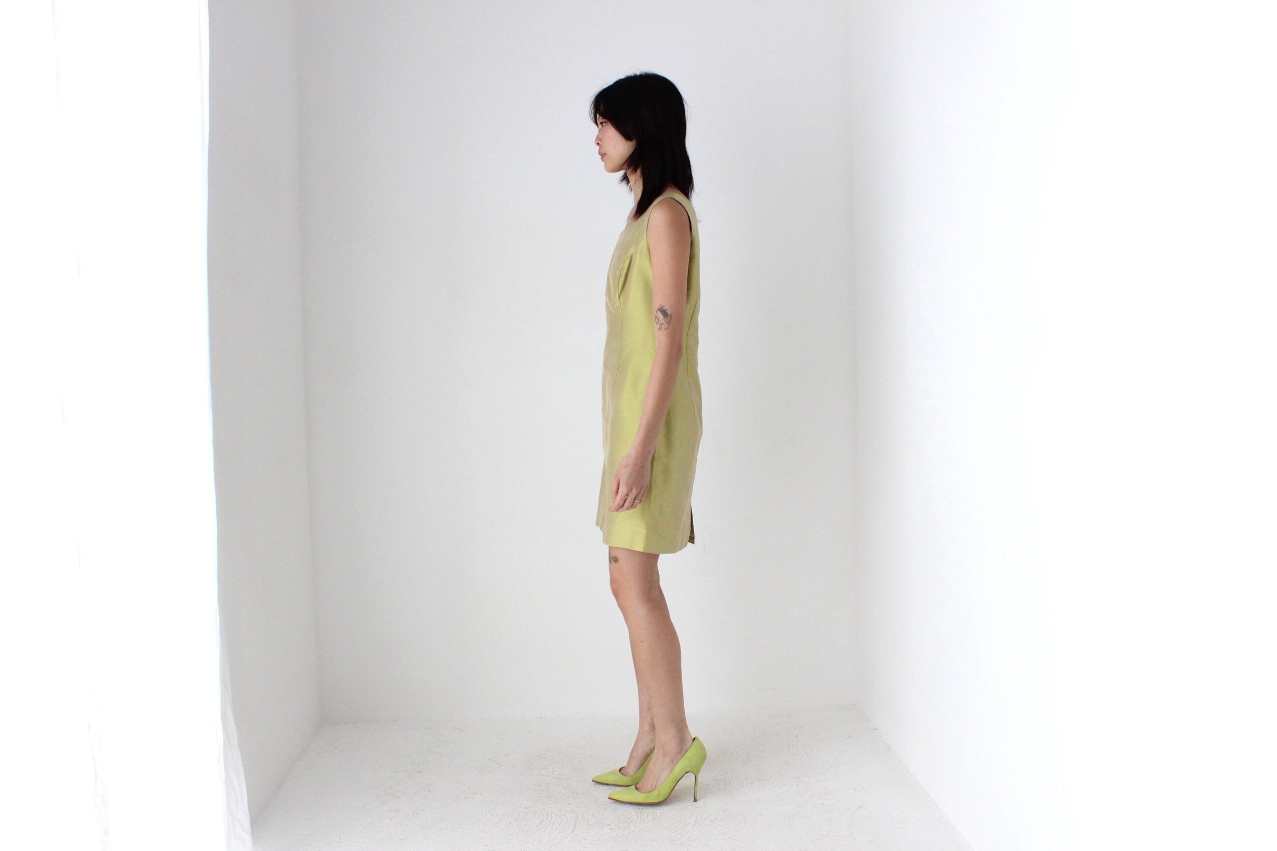 80s Iridescent Green Silk Holographic Mini Dress