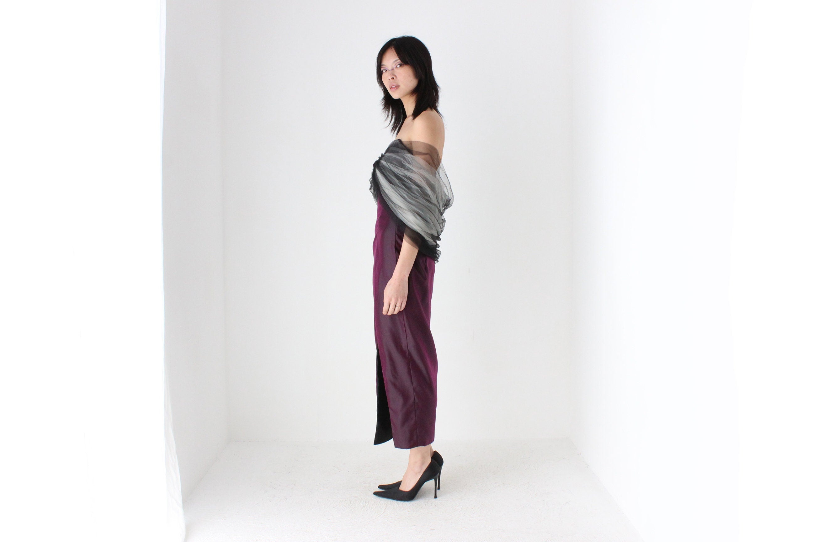 80s 'Shute Boss' Dramatic Fitted Taffeta Dress w/ Sculptural Tulle Shawl