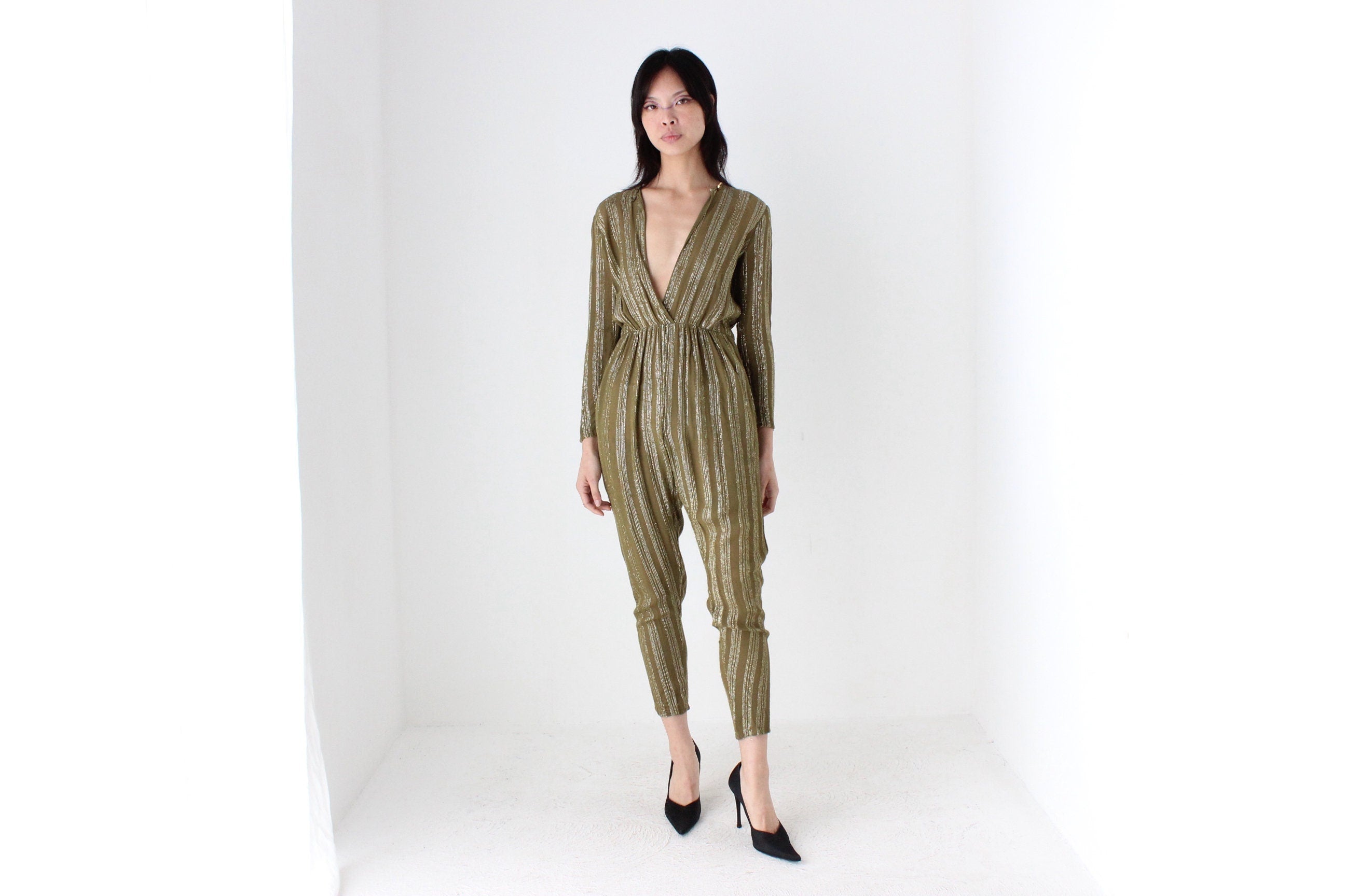 70s Rayon Metallic Lamé STUDIO 54 Plunge Neck Disco Jumpsuit