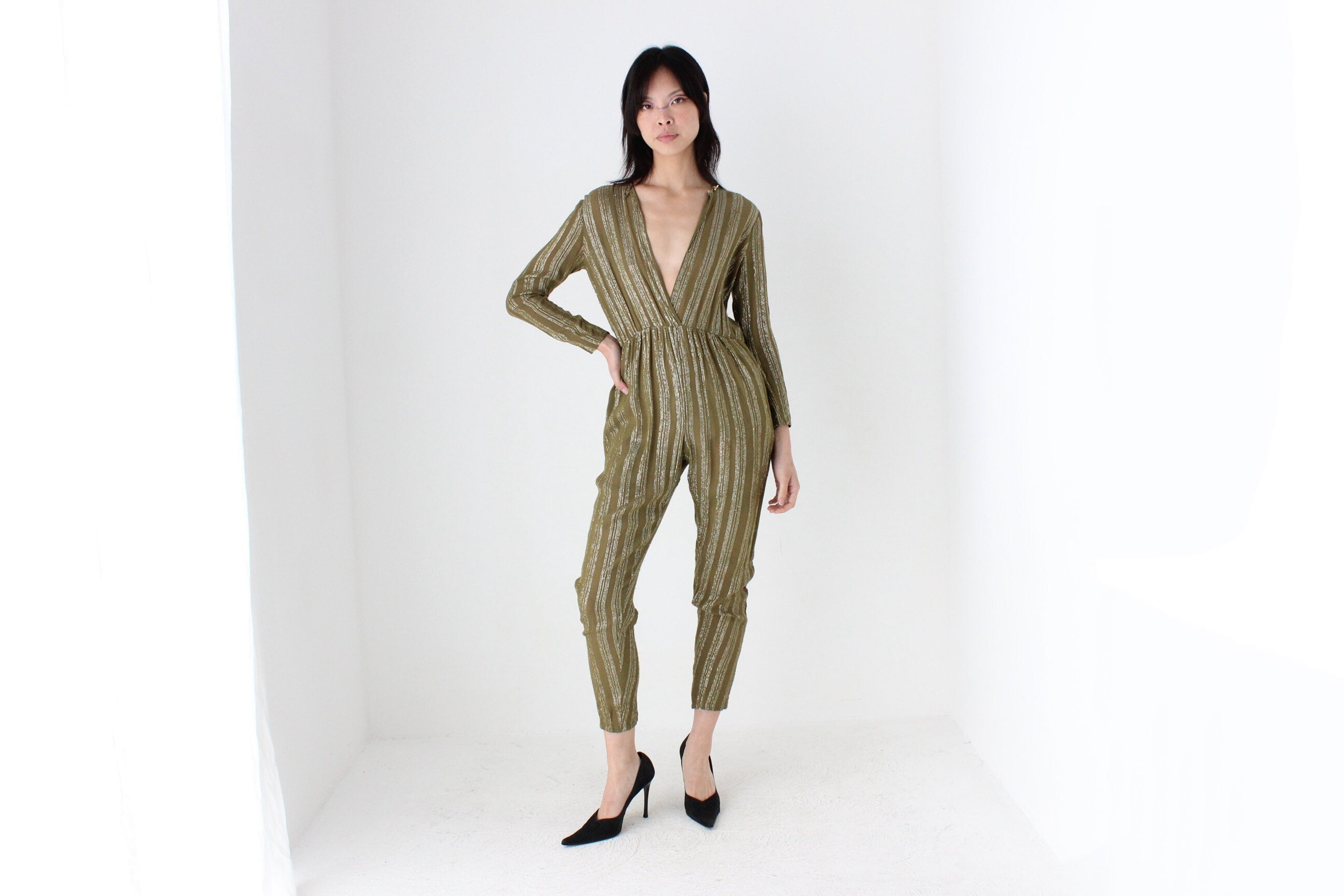 70s Rayon Metallic Lamé STUDIO 54 Plunge Neck Disco Jumpsuit