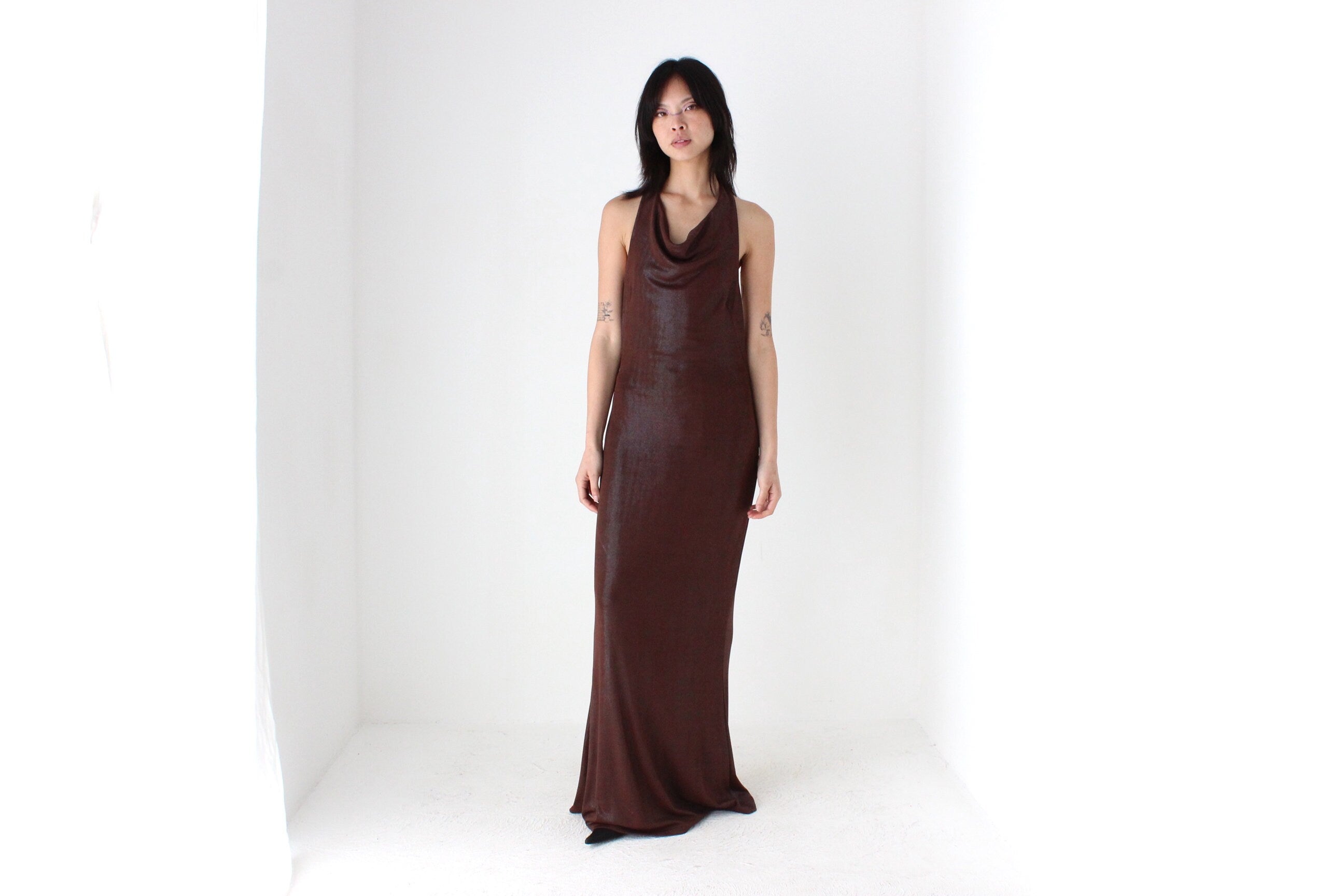Y2K Slinky Metallic Draped Halter Disco Gown