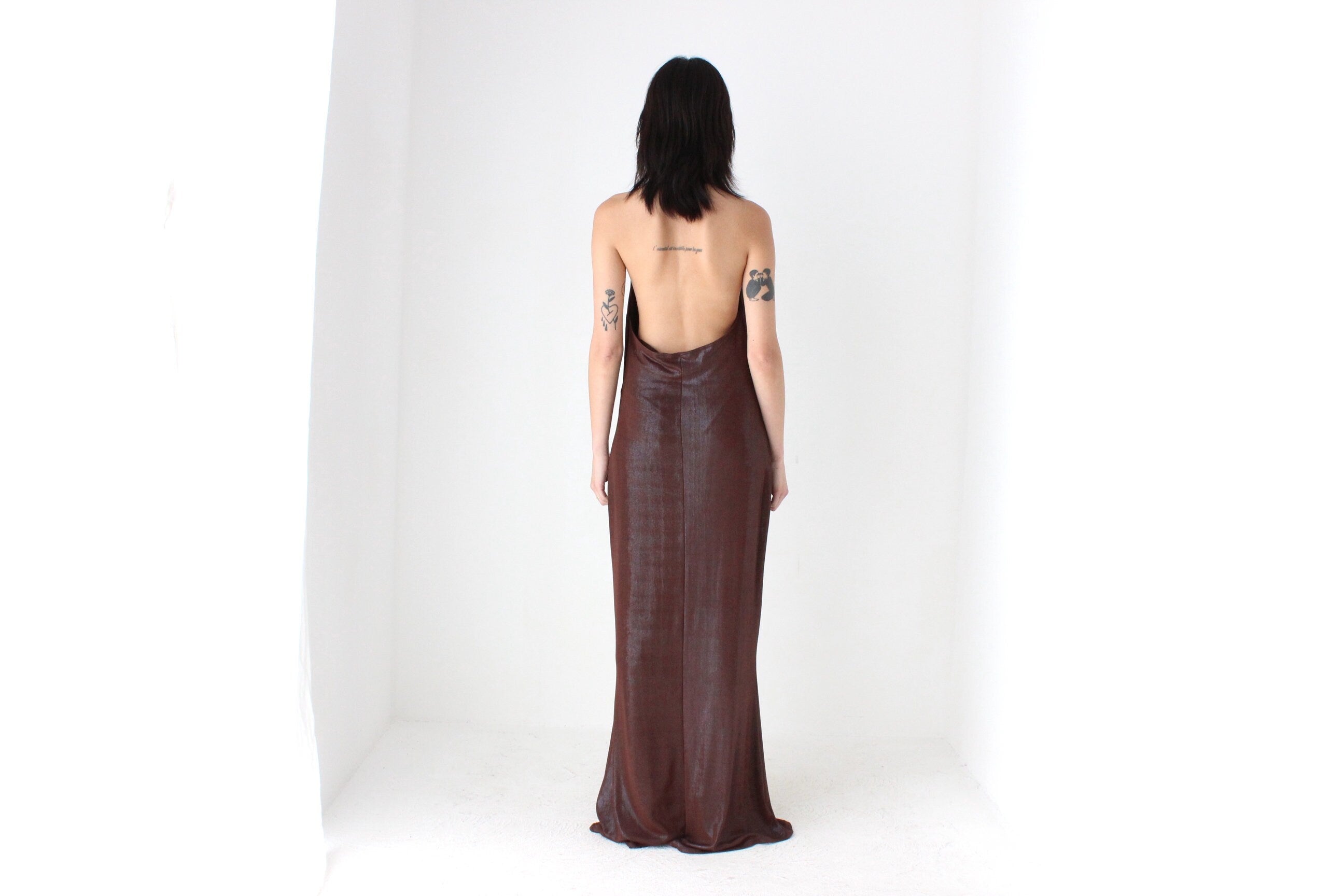 Y2K Slinky Metallic Draped Halter Disco Gown