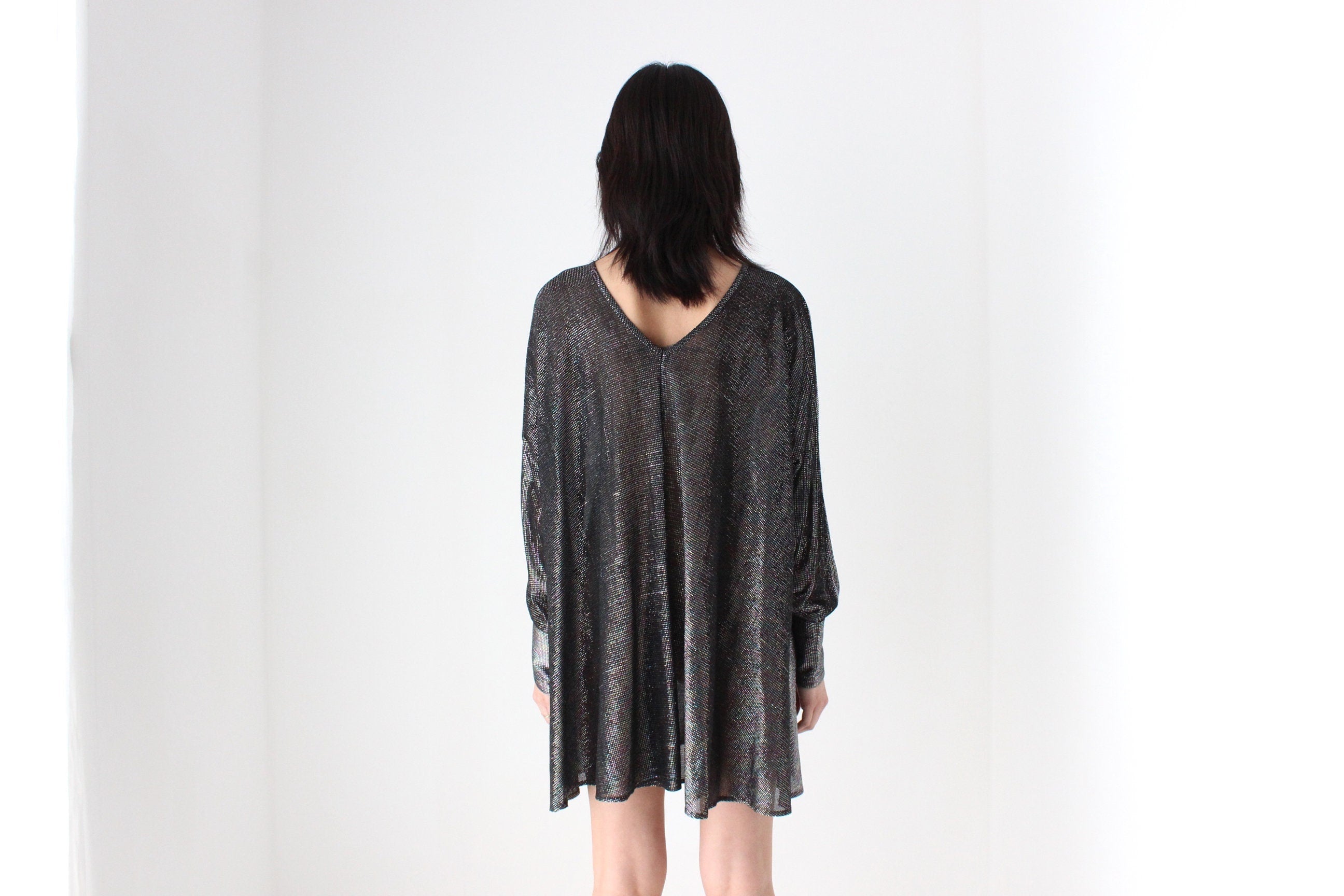 70s Studio 54 Metallic Glam Disco Batwing Mini Dress