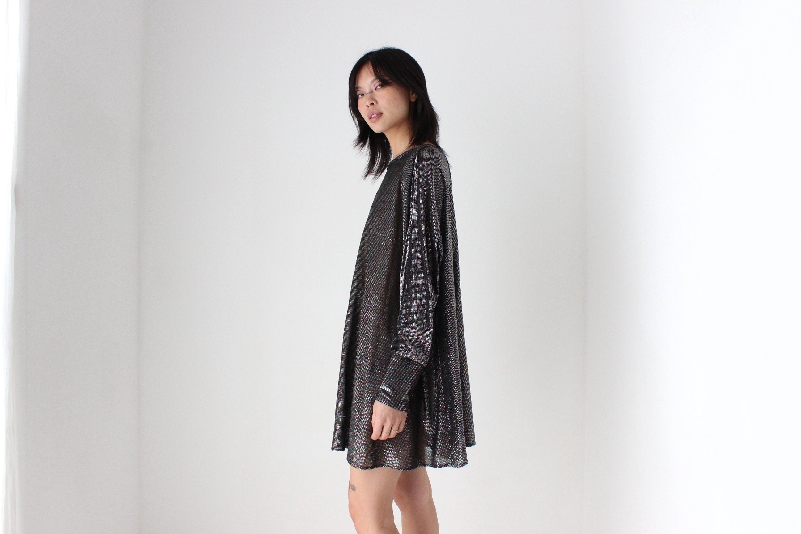 70s Studio 54 Metallic Glam Disco Batwing Mini Dress